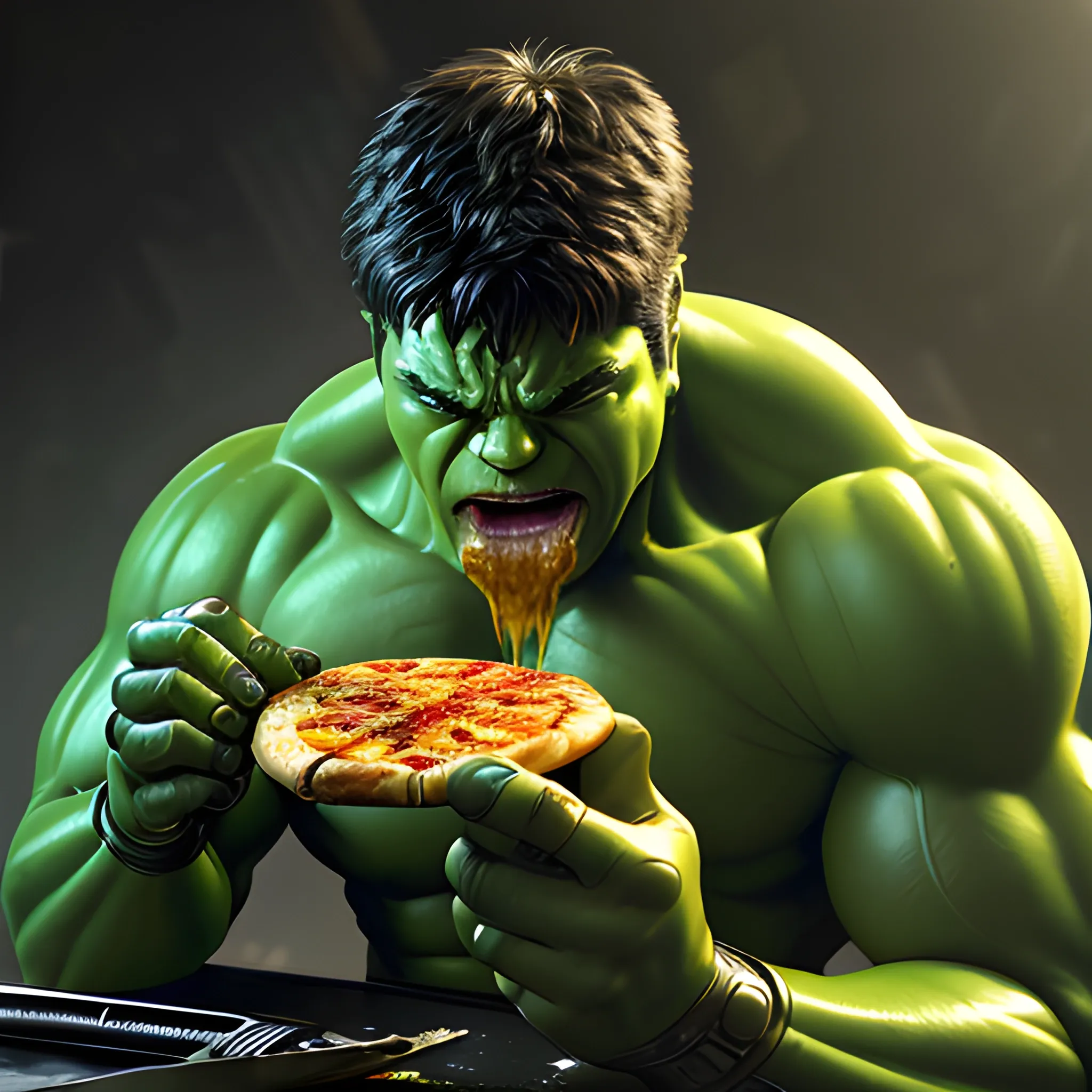 Hulk, with subtle cybernetic enhancements, eating a slice of pizza with dripping melted cheese. The image should be hyper-realistic, illuminated with soft studio lighting and edge highlights. The background should be beautifully detailed, drawing inspiration from a luxurious cyberpunk setting, reminiscent of Robocop. Ensure the image is in 4k resolution.
