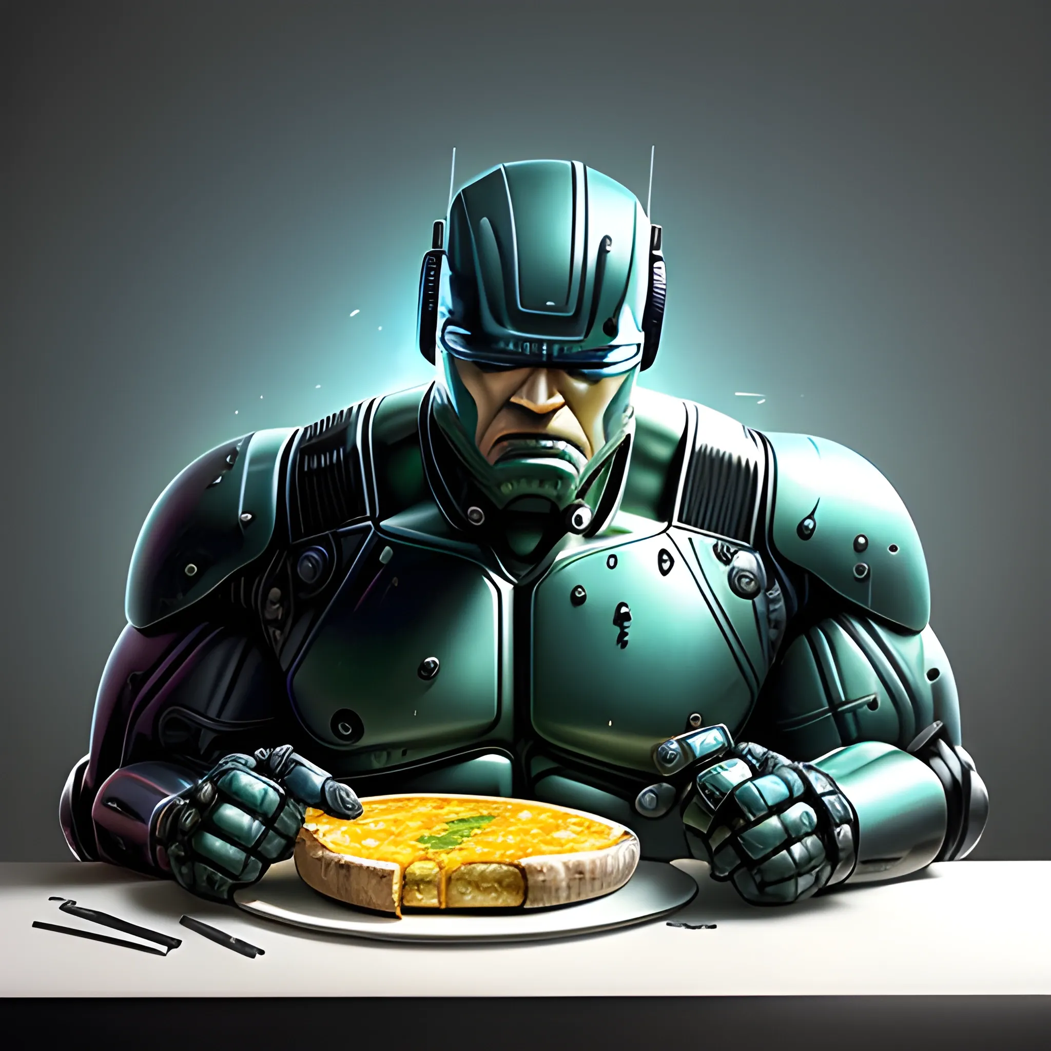 Hulk, with subtle cybernetic enhancements, holding and eating a single slice of pizza with dripping melted cheese. The cheese should be visibly dripping from the slice, not from Hulk's mouth. The image should be hyper-realistic, illuminated with soft studio lighting and edge highlights. The background should be beautifully detailed, drawing inspiration from a luxurious cyberpunk setting, reminiscent of Robocop. Ensure the image is in 4k resolution.
