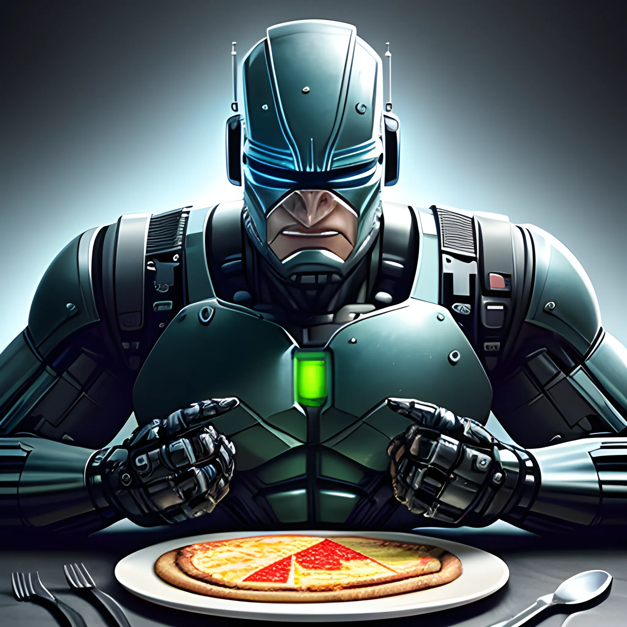Hulk, with subtle cybernetic enhancements, holding and eating a single slice of pizza with dripping melted cheese. The cheese should be visibly dripping from the slice, not from Hulk's mouth. The image should be hyper-realistic, illuminated with soft studio lighting and edge highlights. The background should be beautifully detailed, drawing inspiration from a luxurious cyberpunk setting, reminiscent of Robocop. Ensure the image is in 4k resolution.