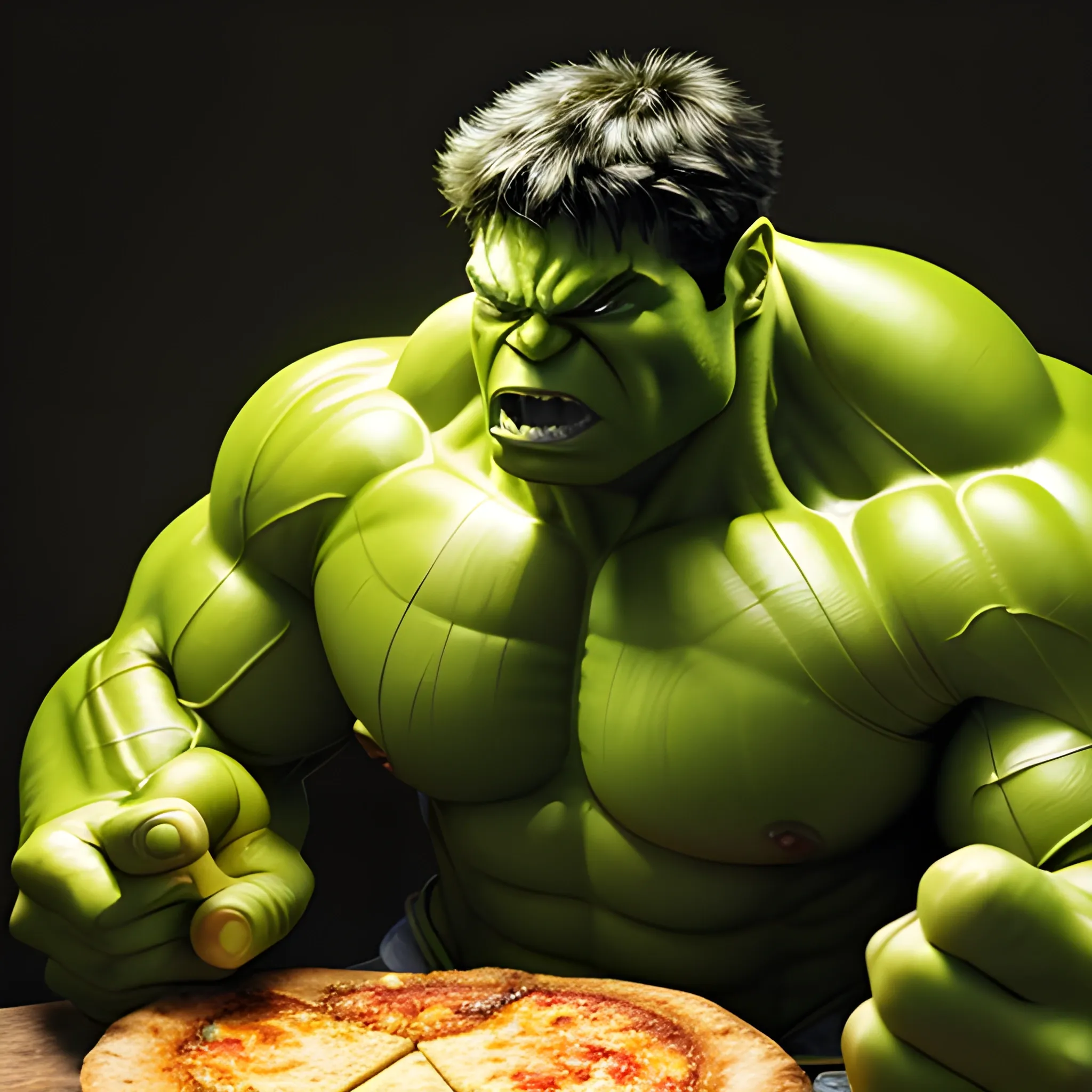 Depict the Hulk, unmistakably green and muscular, actively biting into a single slice of pizza with cheese dripping from it. The Hulk should have minor cybernetic enhancements but remain predominantly recognizable as the iconic Hulk. The scene should be hyper-realistic, with soft studio lighting and edge highlights. The background should evoke a luxurious cyberpunk ambiance. The final image should be in 4k resolution