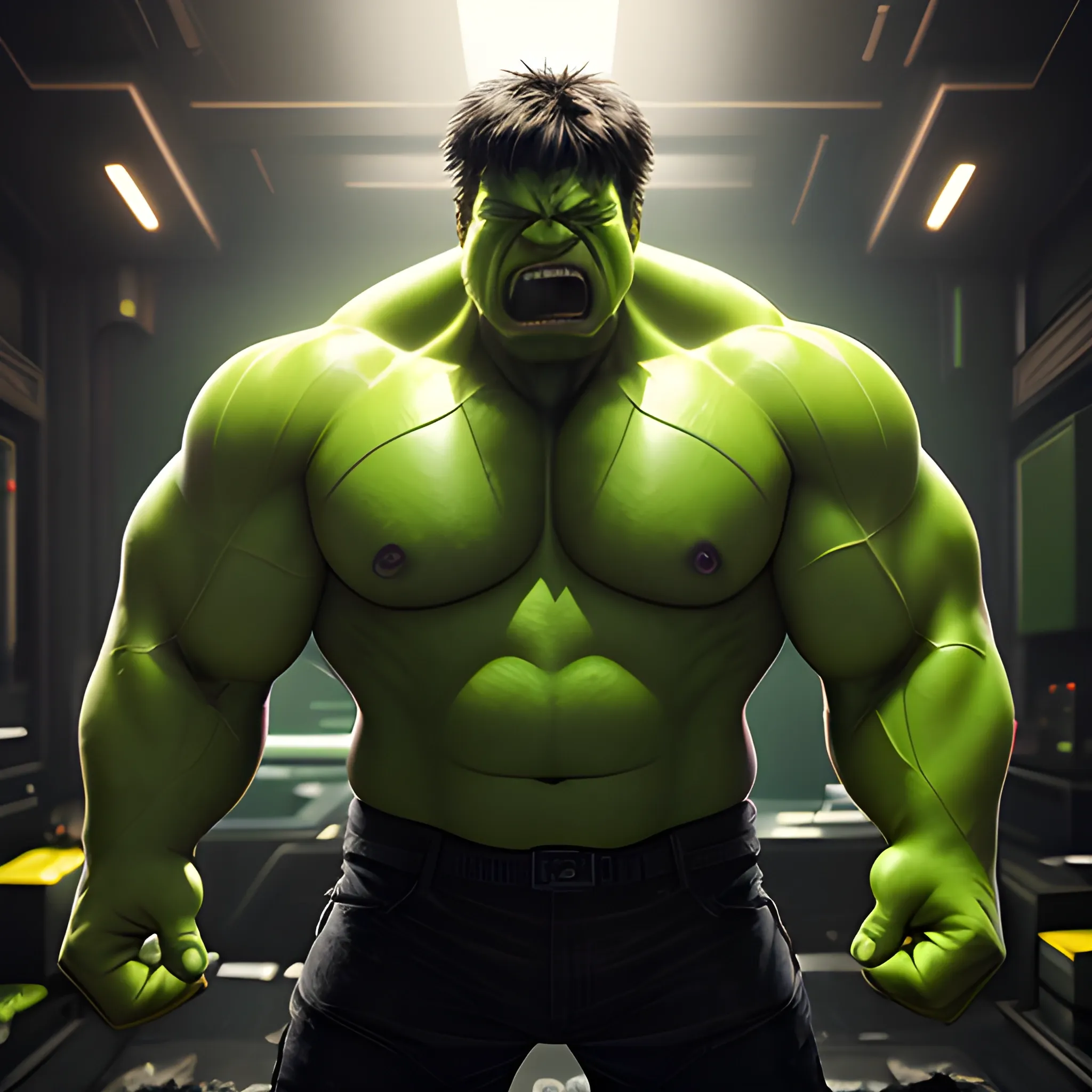 Create a hyper-realistic 4k image of the iconic green Hulk. He should be in the act of taking a bite from a single slice of pizza, with cheese visibly dripping from the slice. While Hulk should have subtle cybernetic enhancements, his primary appearance should be unmistakably that of the classic Hulk. Illuminate the scene with soft studio lighting and edge highlights, and set against a luxurious cyberpunk background.