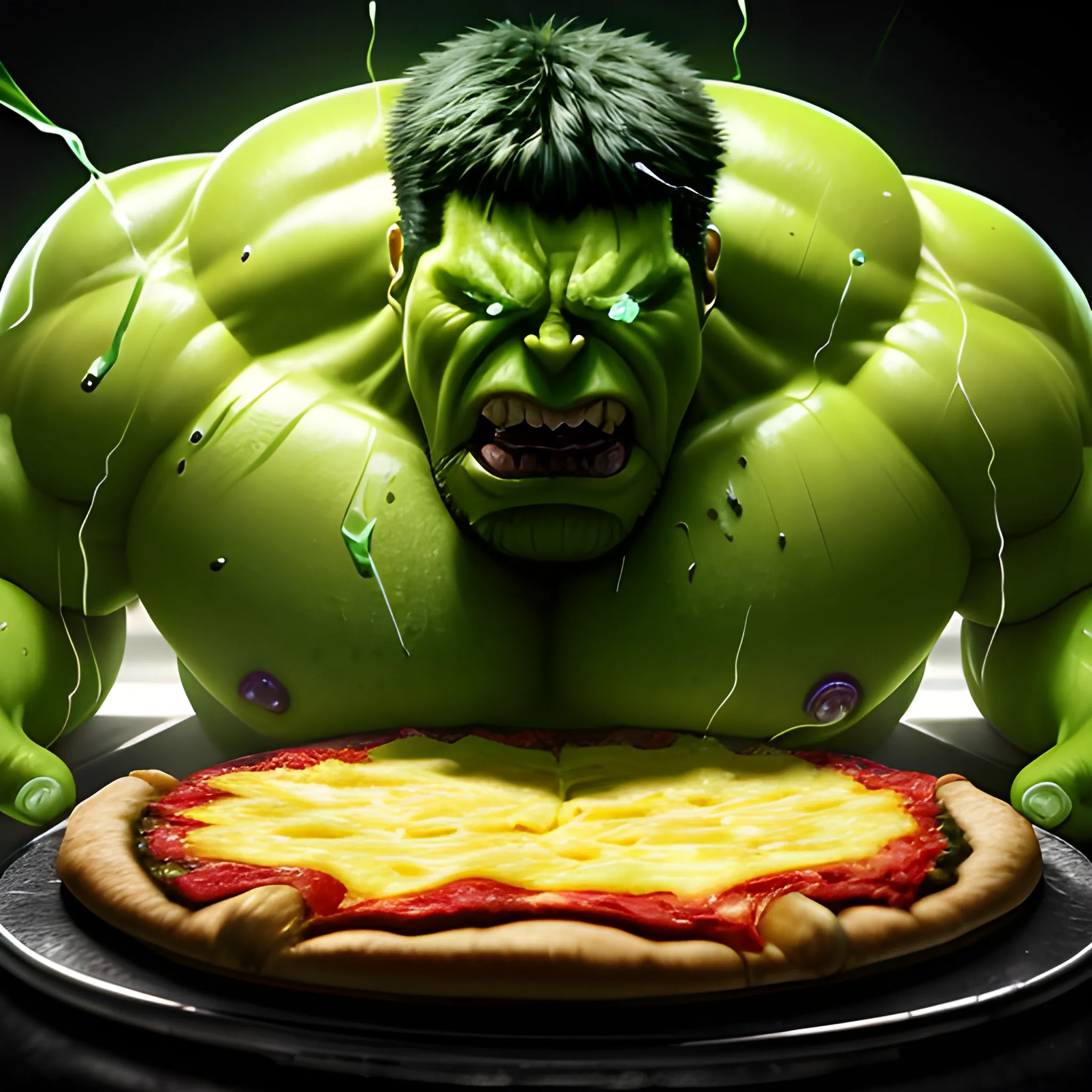 hyper-realistic, 4k image, green Hulk, taking a bite from a single slice of pizza, with cheese visibly dripping from the slice, Hulk should have subtle cybernetic enhancements,  soft studio lighting and edge highlights, luxurious cyberpunk background.