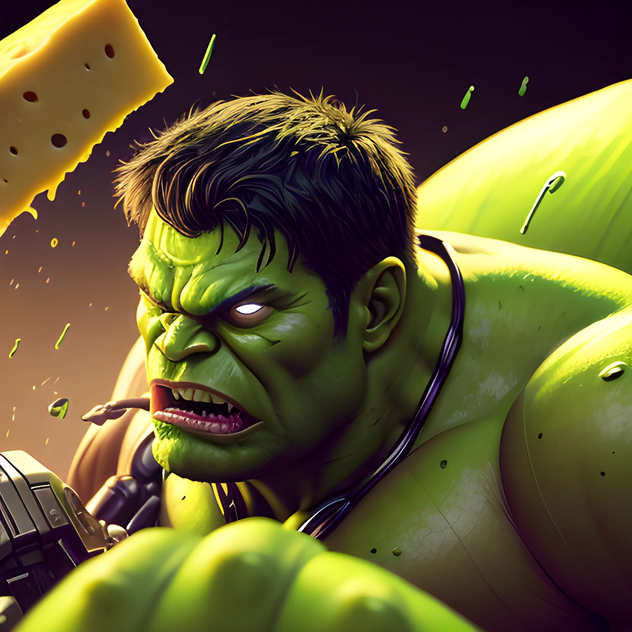 hyper-realistic, 4k image, green Hulk with cybernetic enhancement, biting single slice of pizza, with cheese visibly dripping from the slice, soft studio lighting and edge highlights, luxurious cyberpunk background.