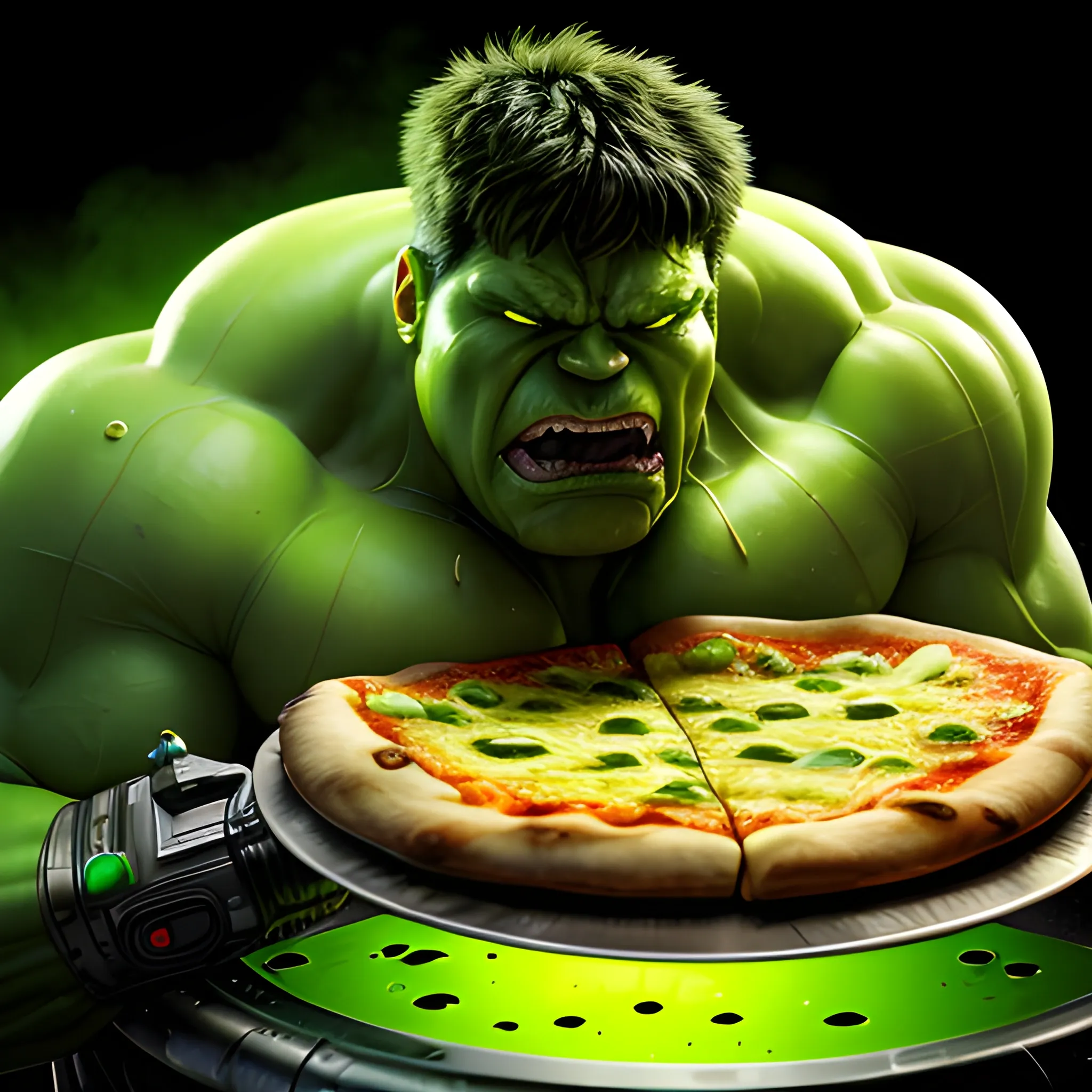 hyper-realistic, 4k image, green Hulk with cybernetic enhancement, biting single slice of cheese dripping pizza , soft studio lighting and edge highlights, luxurious cyberpunk background.