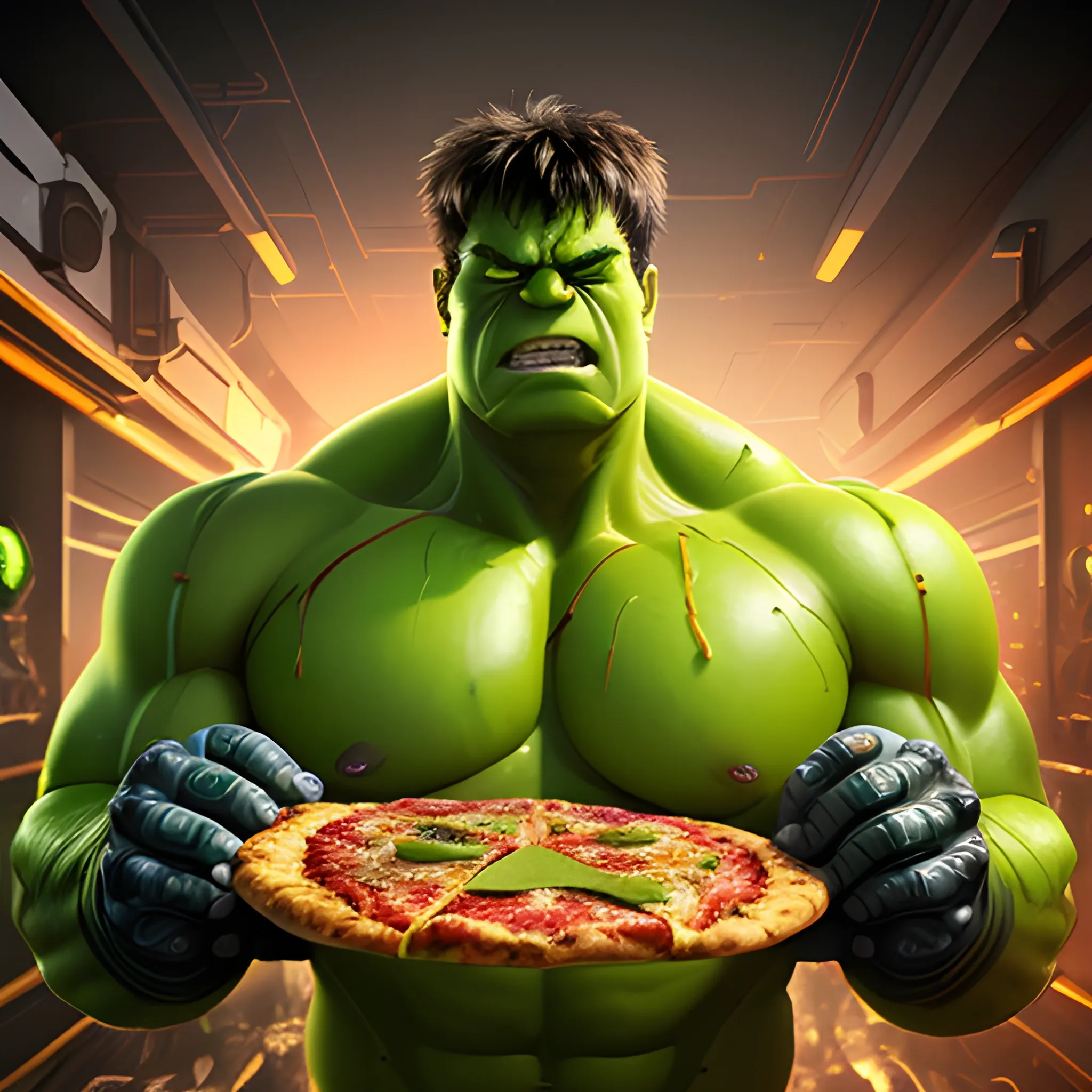 green Hulk with cybernetic enhancement, biting pizza slice, cheese dripping pizza , soft studio lighting and edge highlights, luxurious cyberpunk background, hyper-realistic, 4k image,