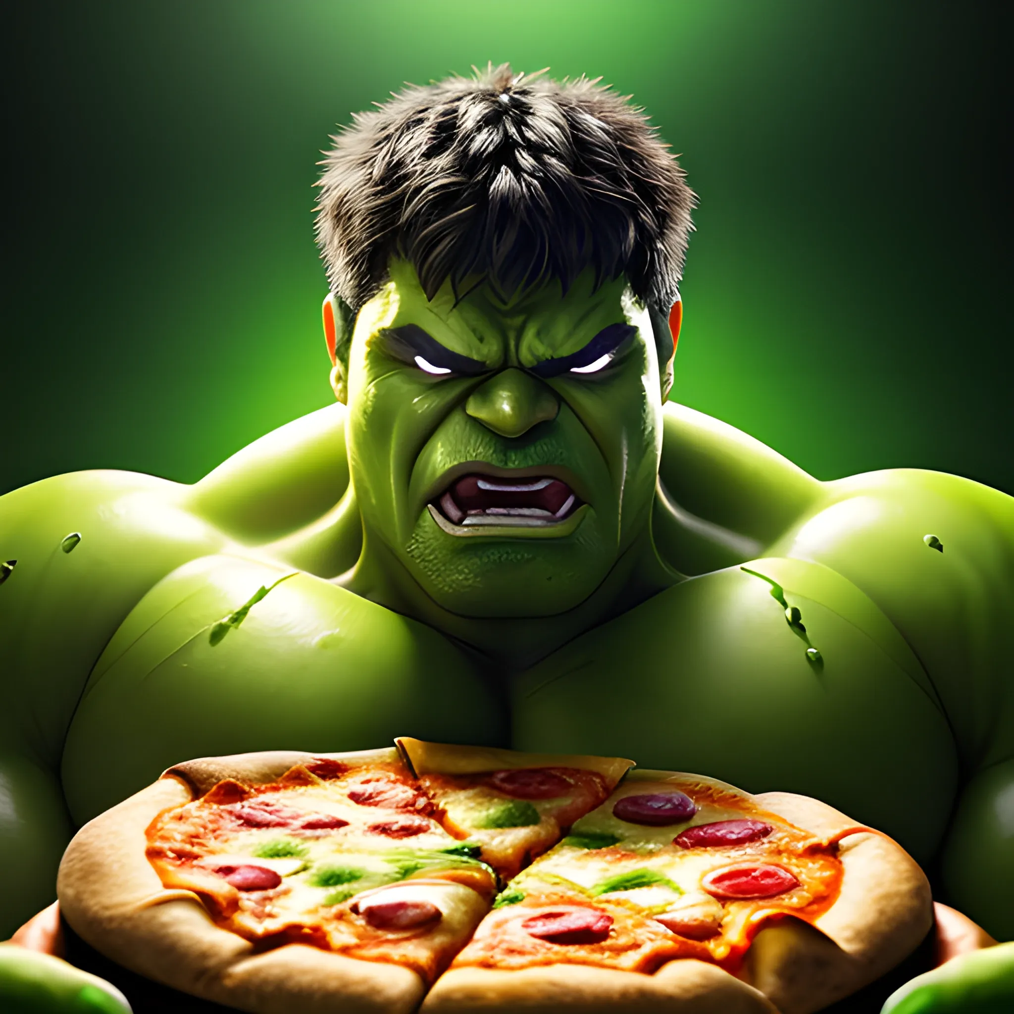 green Hulk with cybernetic enhancement, biting pizza slice, cheese dripping pizza , soft studio lighting and edge highlights, luxurious cyberpunk background, hyper-realistic, 4k image,