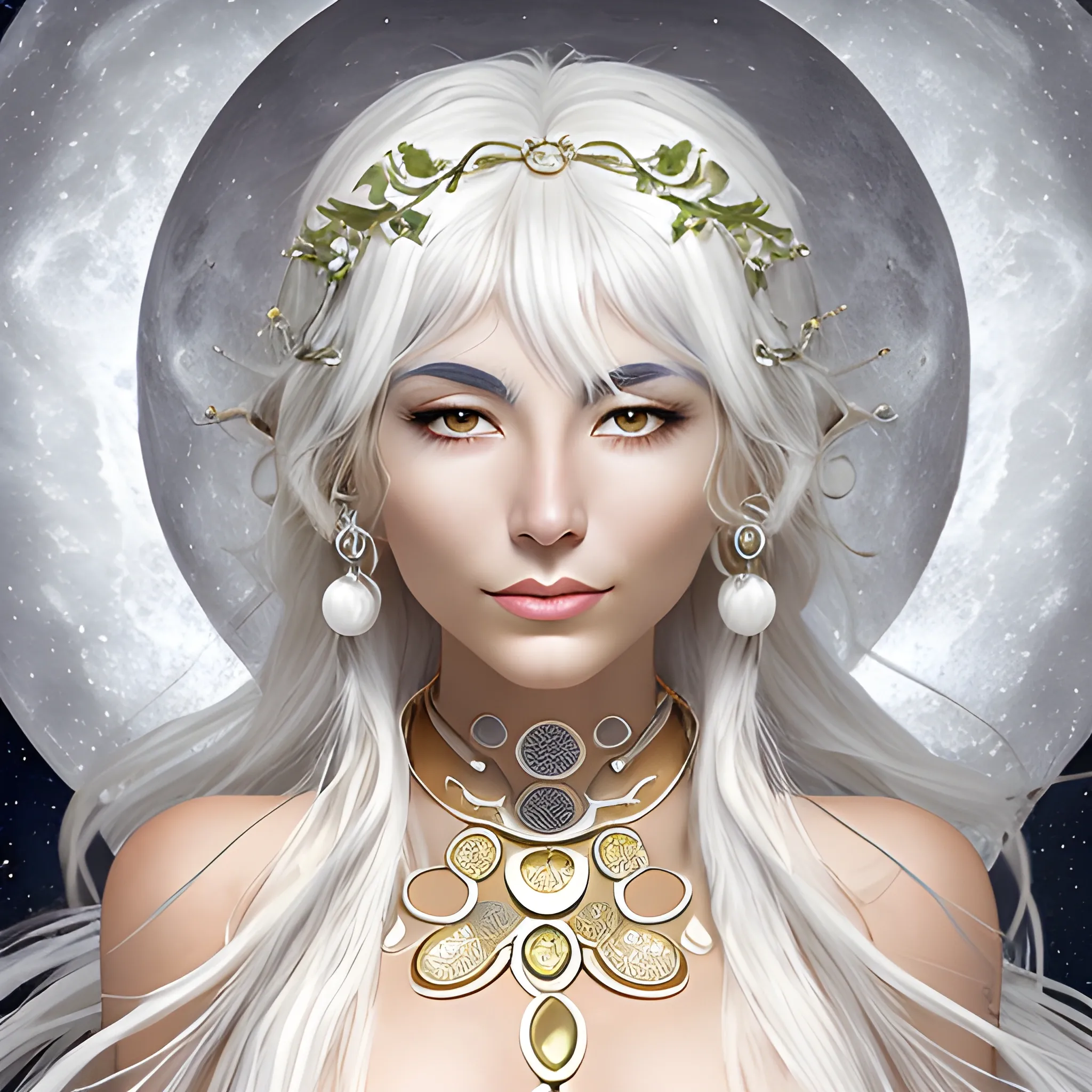  moon goddess, with olive skin, white hair