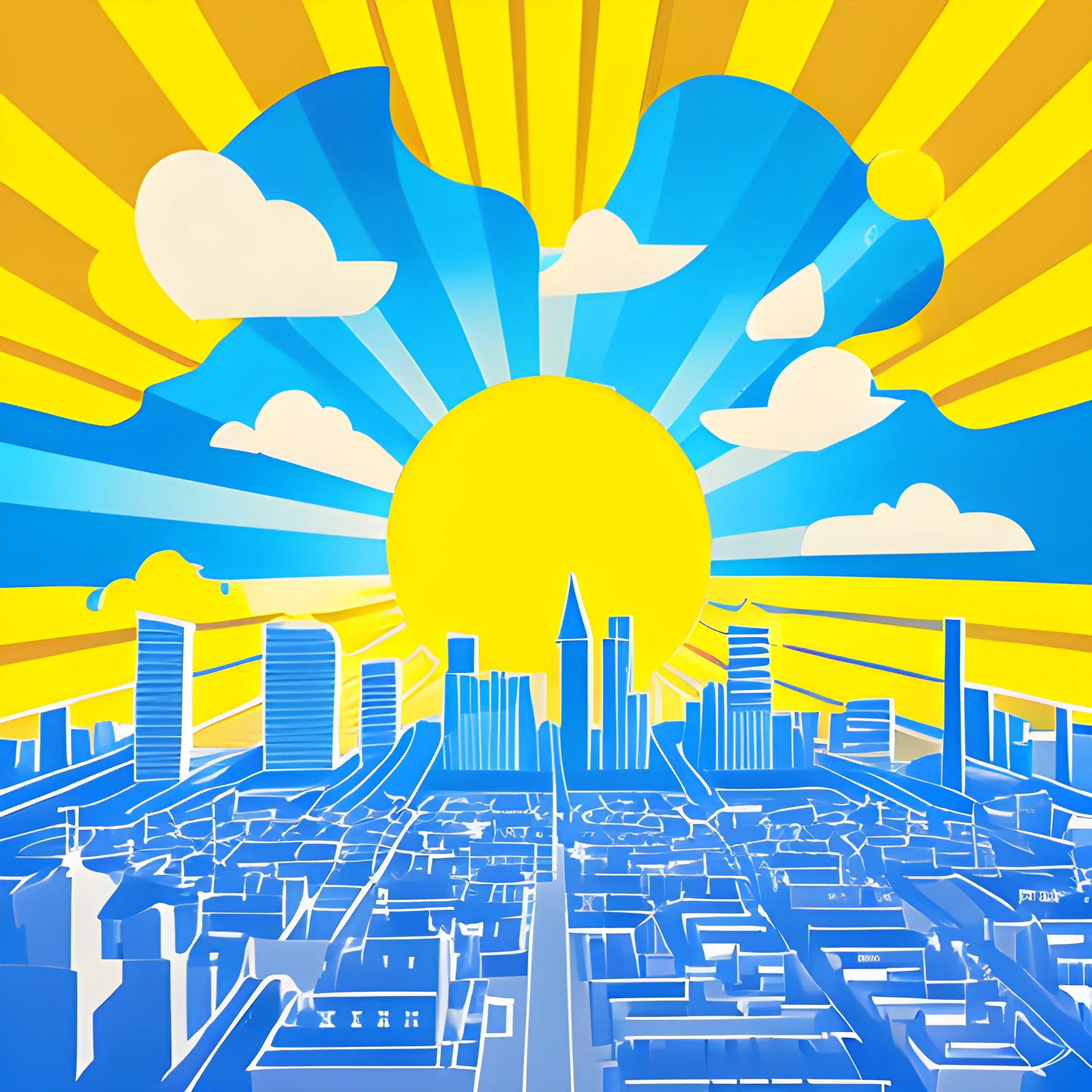flat stlye artwork, city with the blue sky on top and yellow sun, semi-transparent sunrays, light clouds
