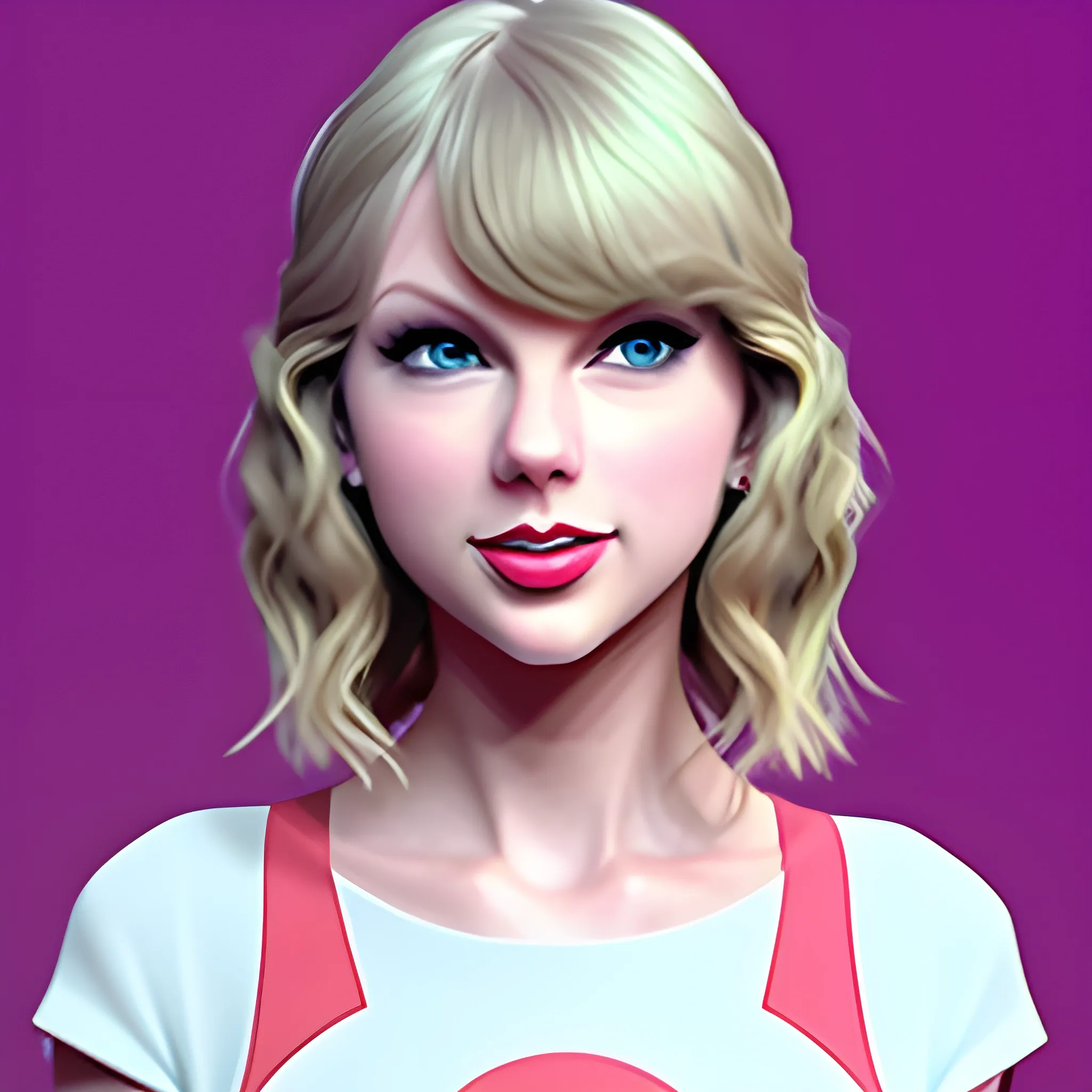 taylor swift standing centered, looking forward direct at camera, smiling, 3D, Cartoon