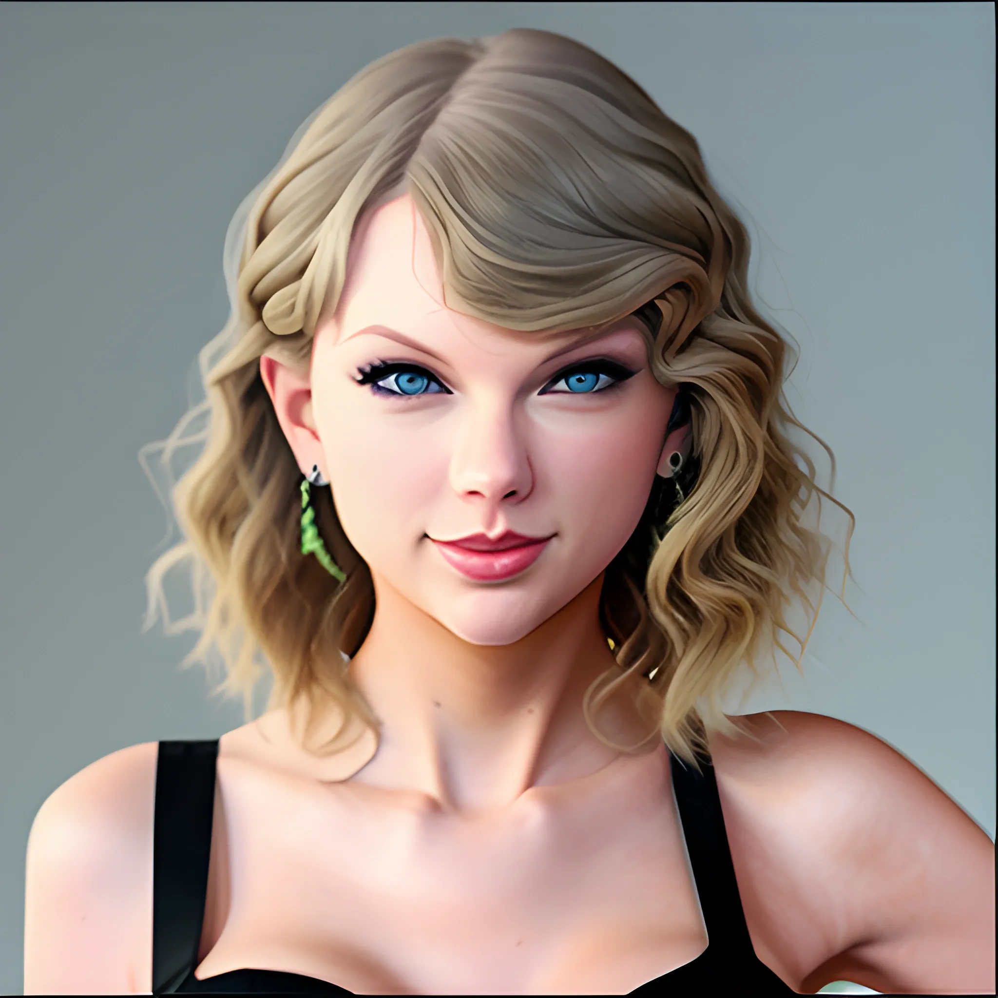 taylor swift standing centered, looking forward direct at camera, smiling, 3D