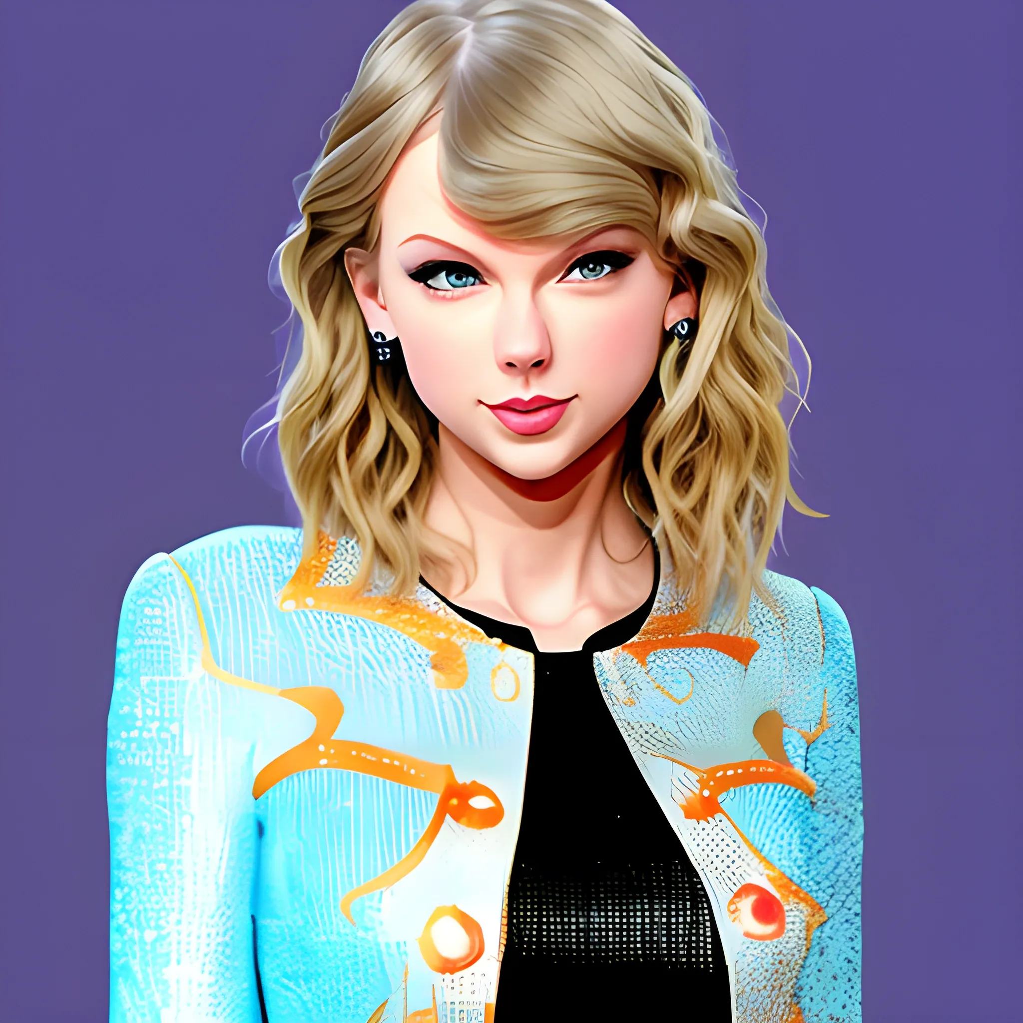 taylor swift standing centered, looking forward direct at camera, smiling, Cartoon