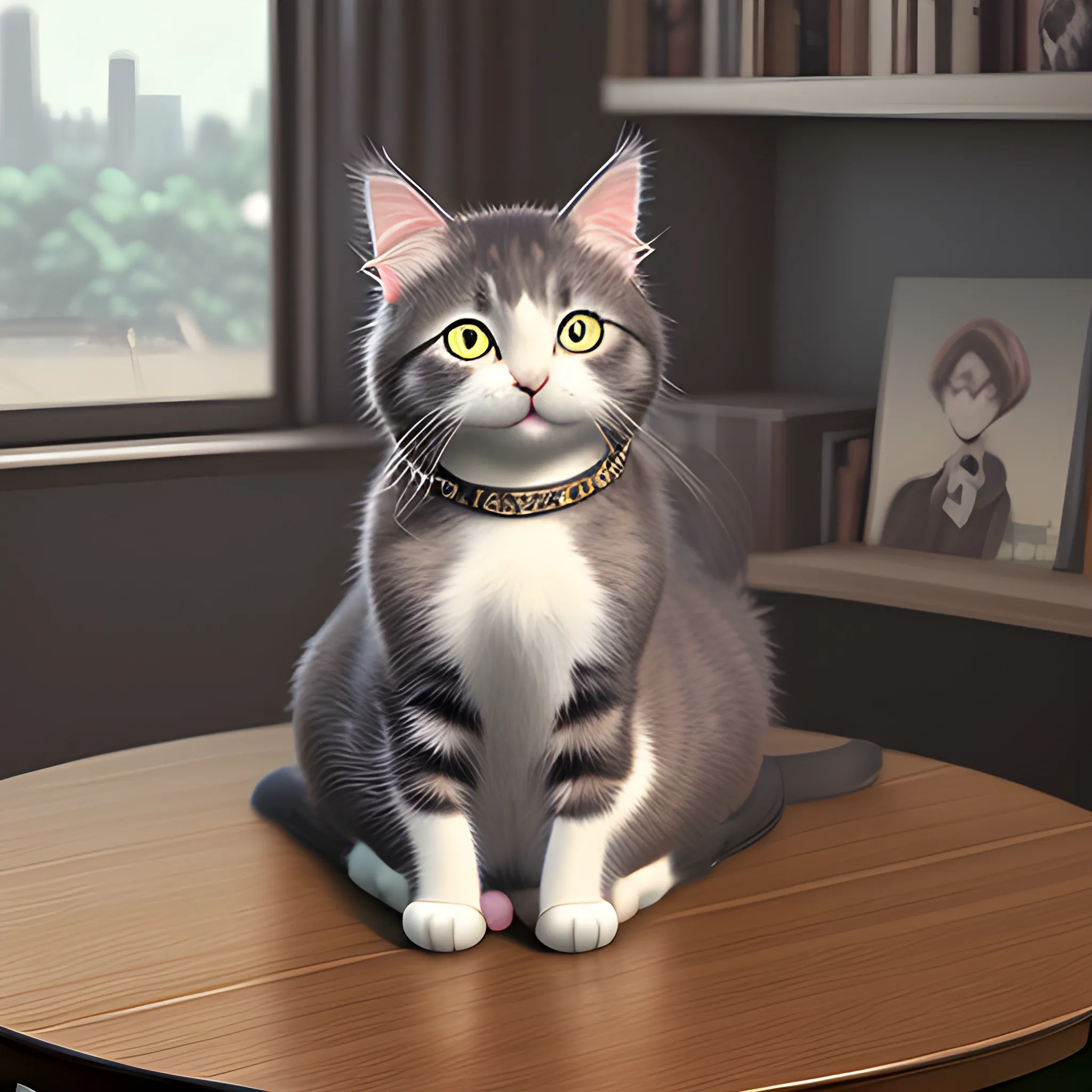 a cat with long hair sitting on a table, a photorealistic painting by Natasha Tan, cgsociety, photorealism, realistic anime cat, realistic anime 3 d style, realistic 3 d style