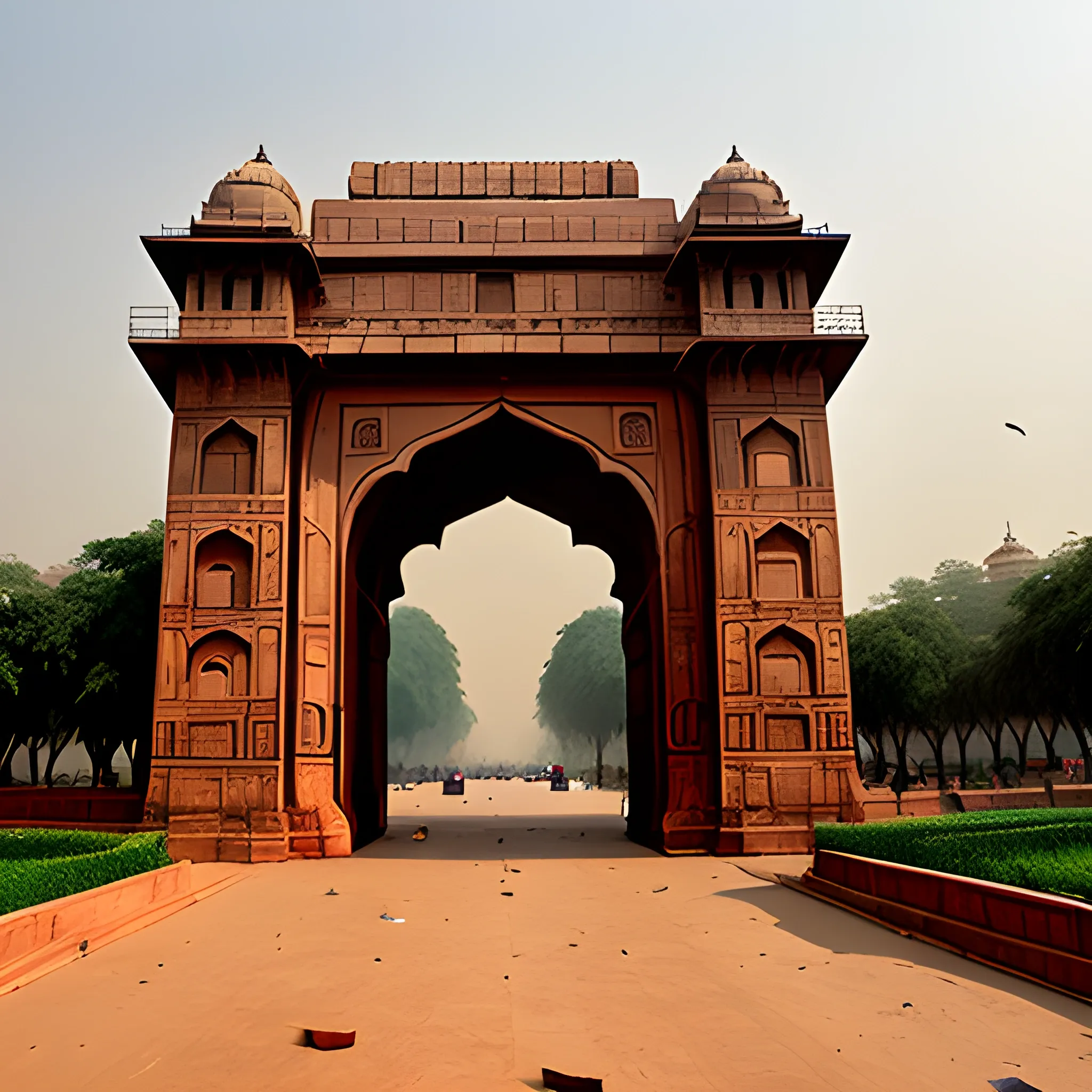 delhi india's gate covered with brown clouds and roads are covered with grasses like ancient time or everything is being destroyed