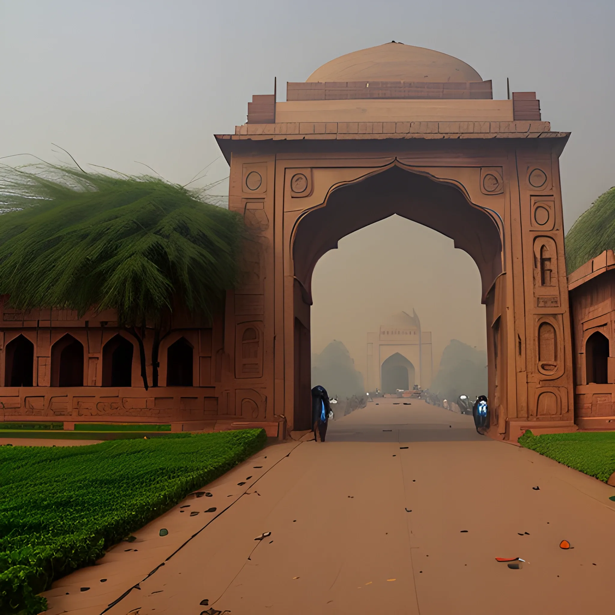 delhi india's gate covered with brown clouds and roads are covered with grasses like ancient time or everything is being destroyed, 3D