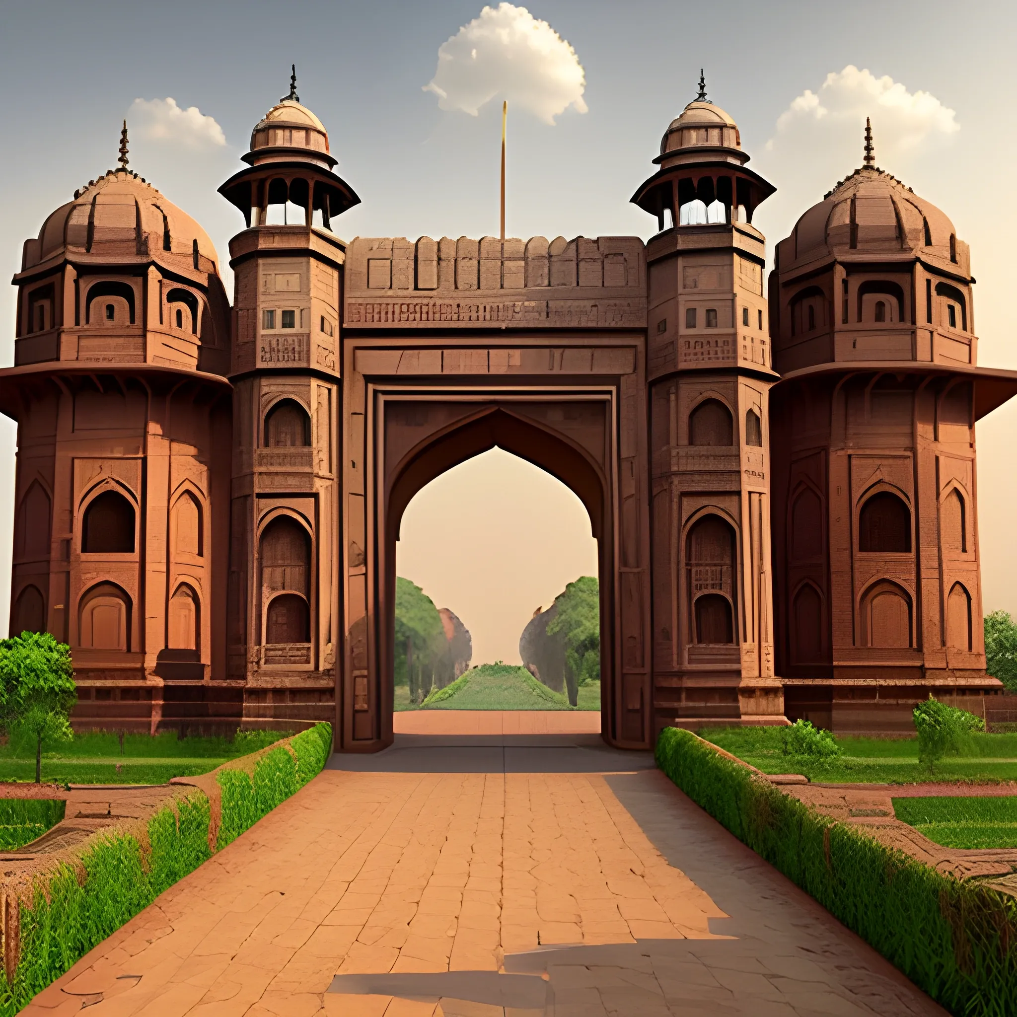 delhi india's gate covered with brown clouds and roads are covered with grasses like ancient time or everything is being destroyed, 3D,realistic