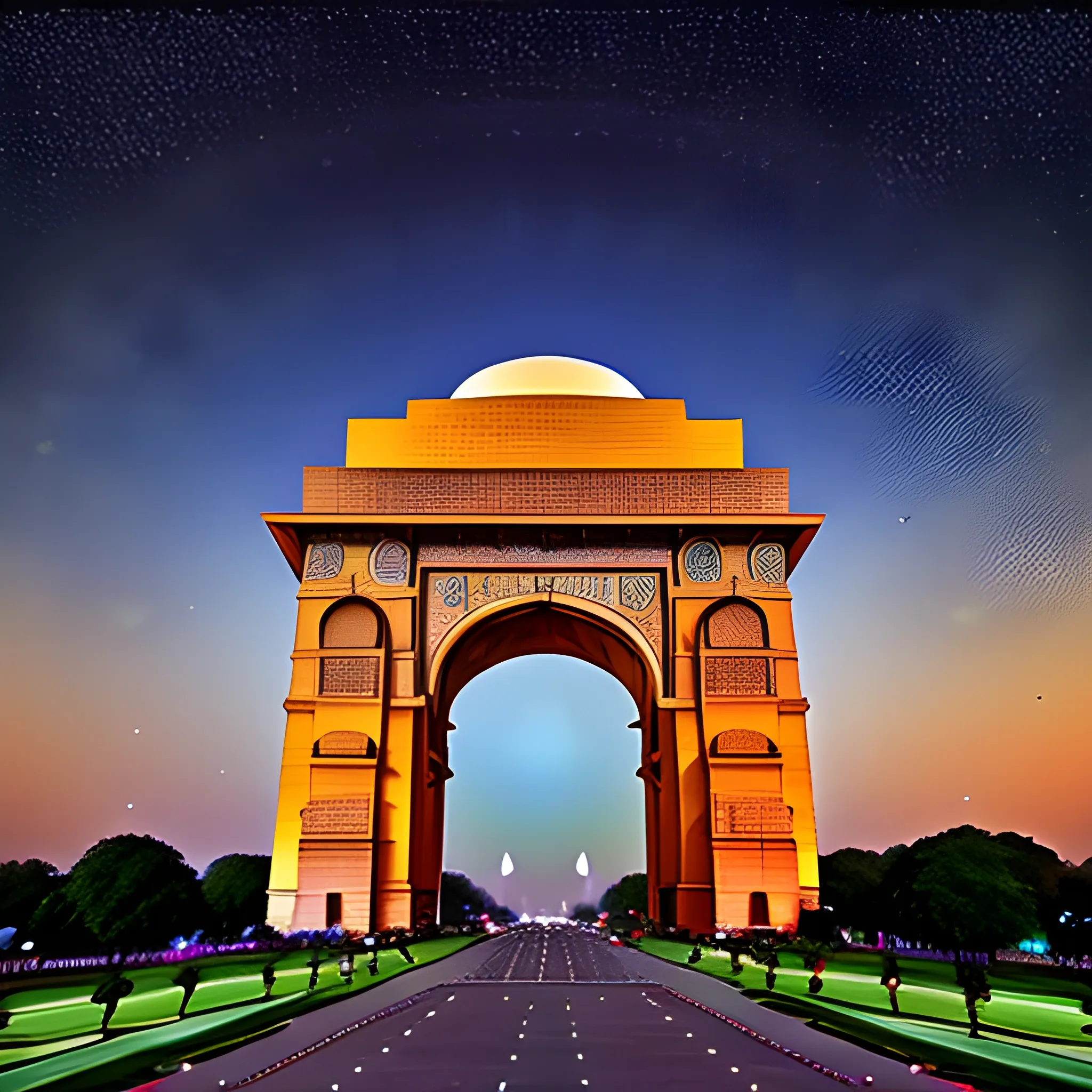 daylight fades, the cosmic tapestry emerges, showcasing a mesmerizing display of constellations against the inky expanse. The India Gate of delhi stands alone, a sentinel under the watchful gaze of the universe.