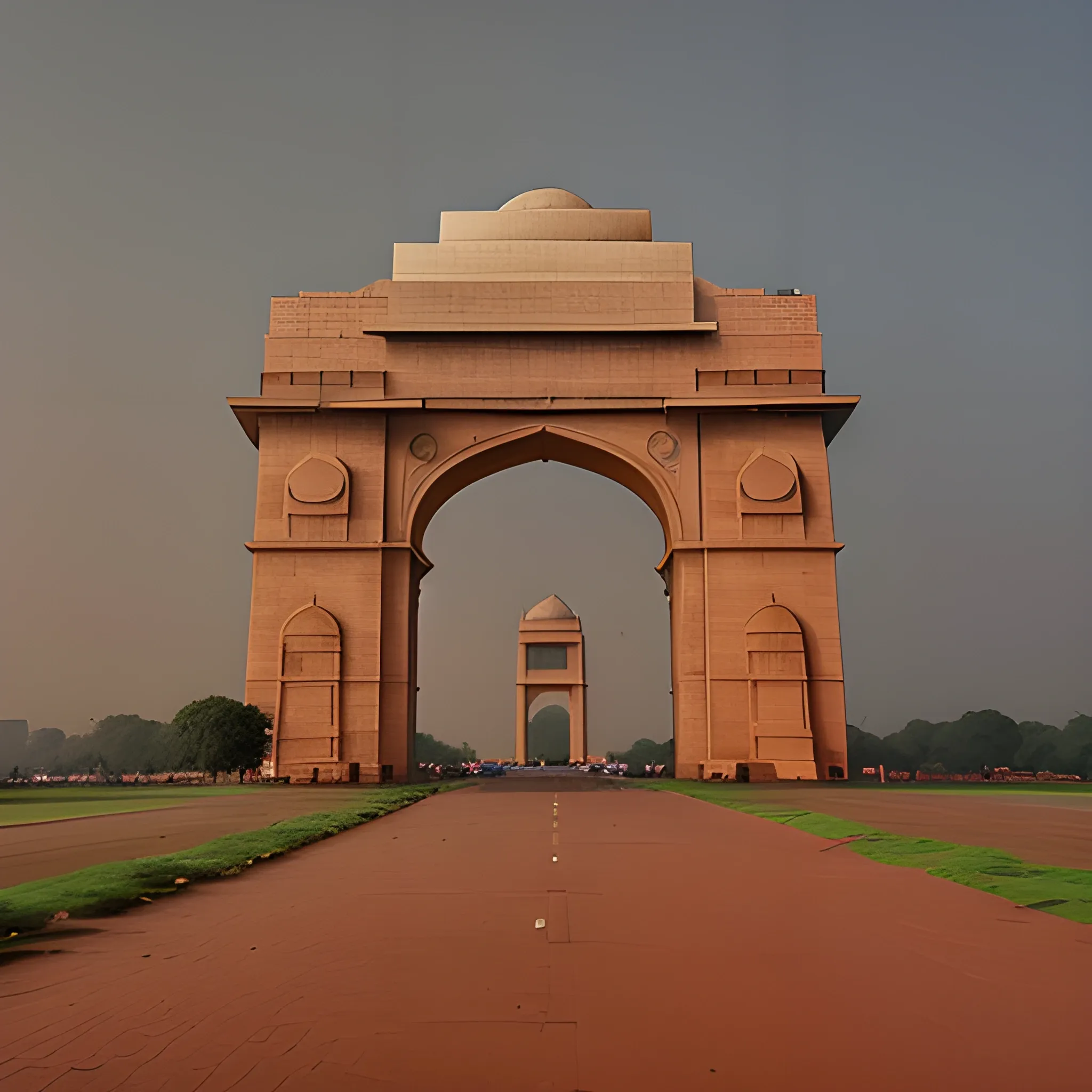 daylight fades, the India Gate of delhi stands alone, a sentinel under the dark brown clouds,roads covered with grasses and dust, and is like the world is going to end