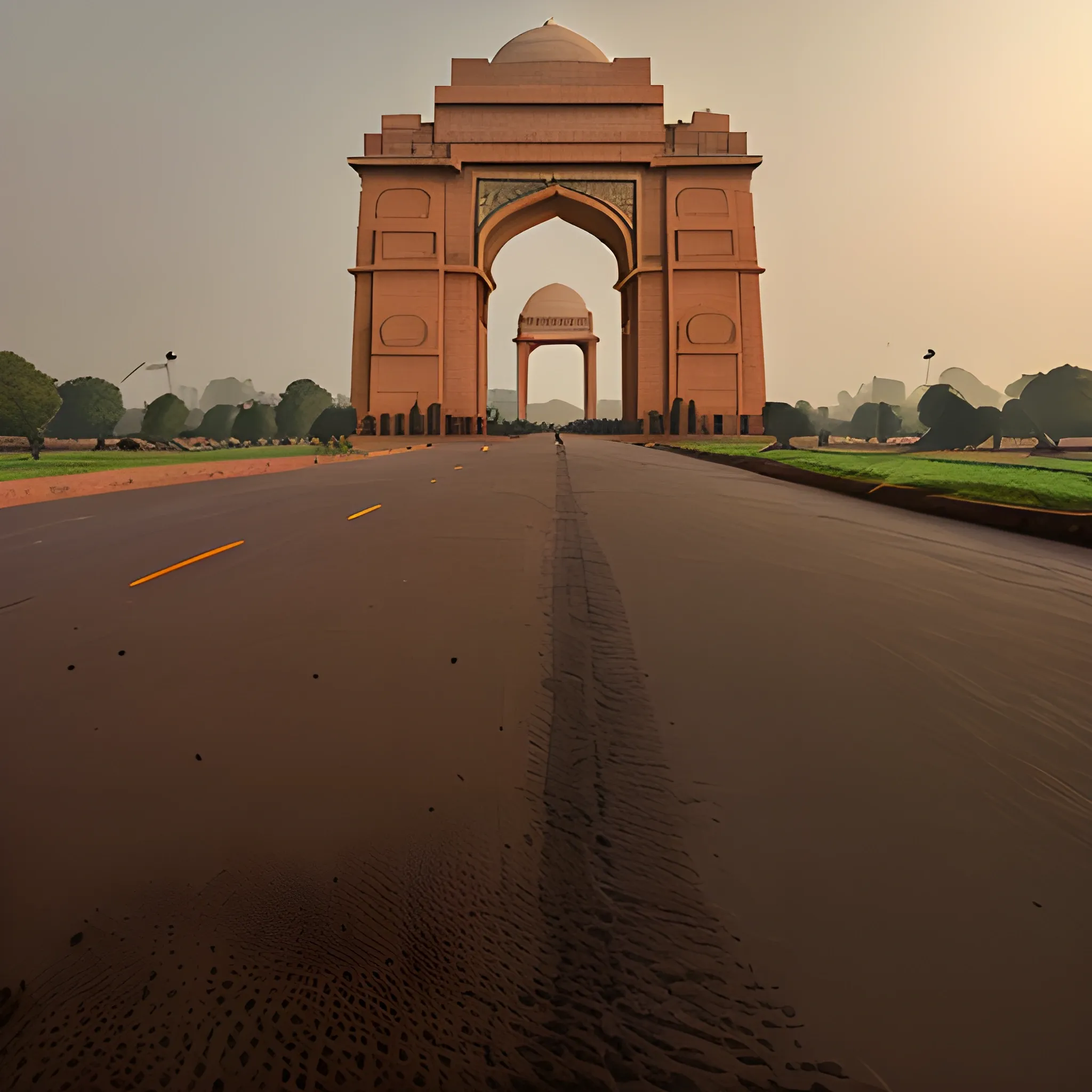 daylight fades, the India Gate of delhi stands alone, a sentinel under the dark brown clouds,roads covered with grasses and dust, and is like the world is going to end, 3D