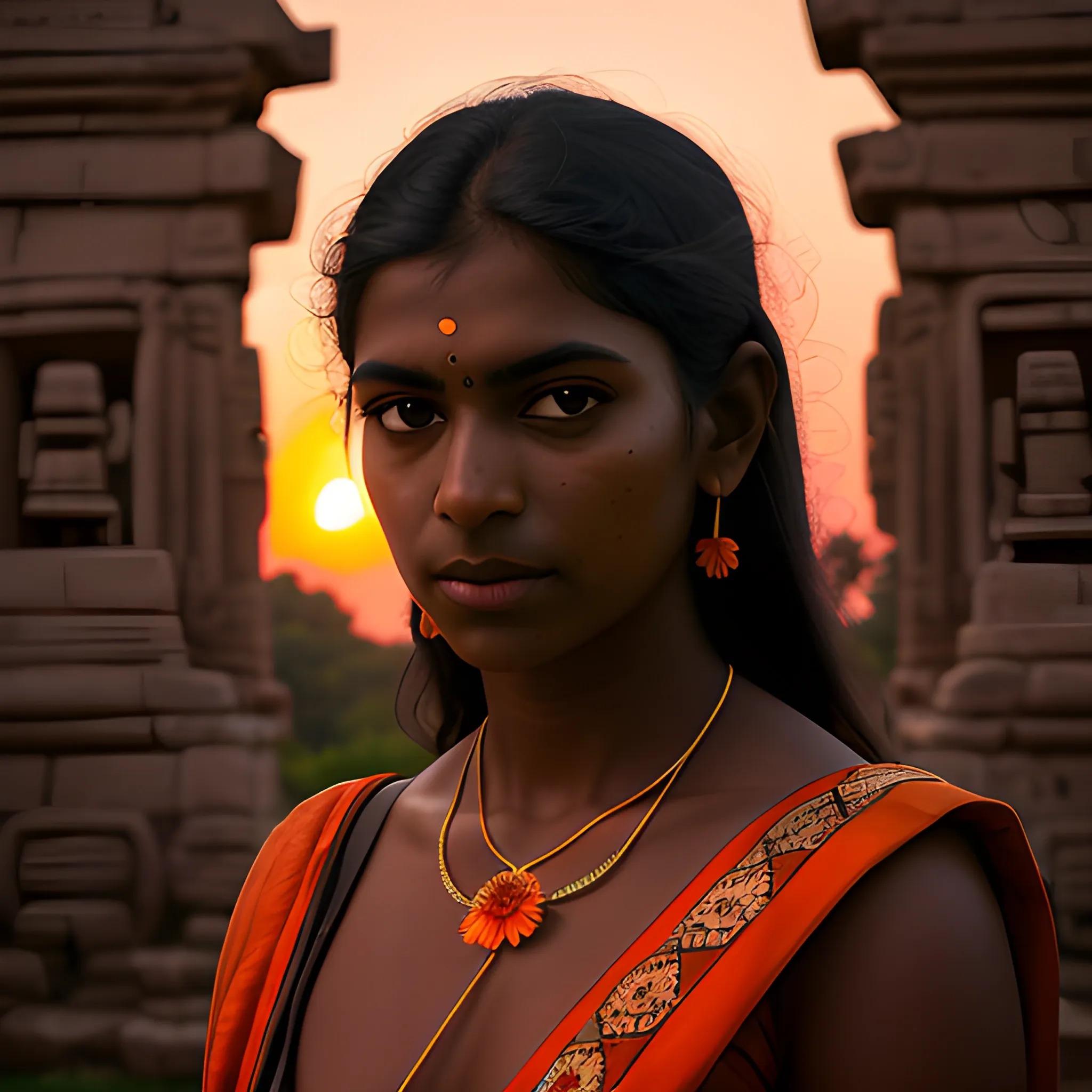 ARRI Alexa Mini; Zeiss Master Prime 50mm lens; aperture set at f/2.8 for shallow depth of field & dusk lighting; silhouette of tall, dark-skinned Indian woman; ancient temple backdrop; hibiscus flowers in foreground; natural golden-orange dusk light; reflectors for defined silhouette.