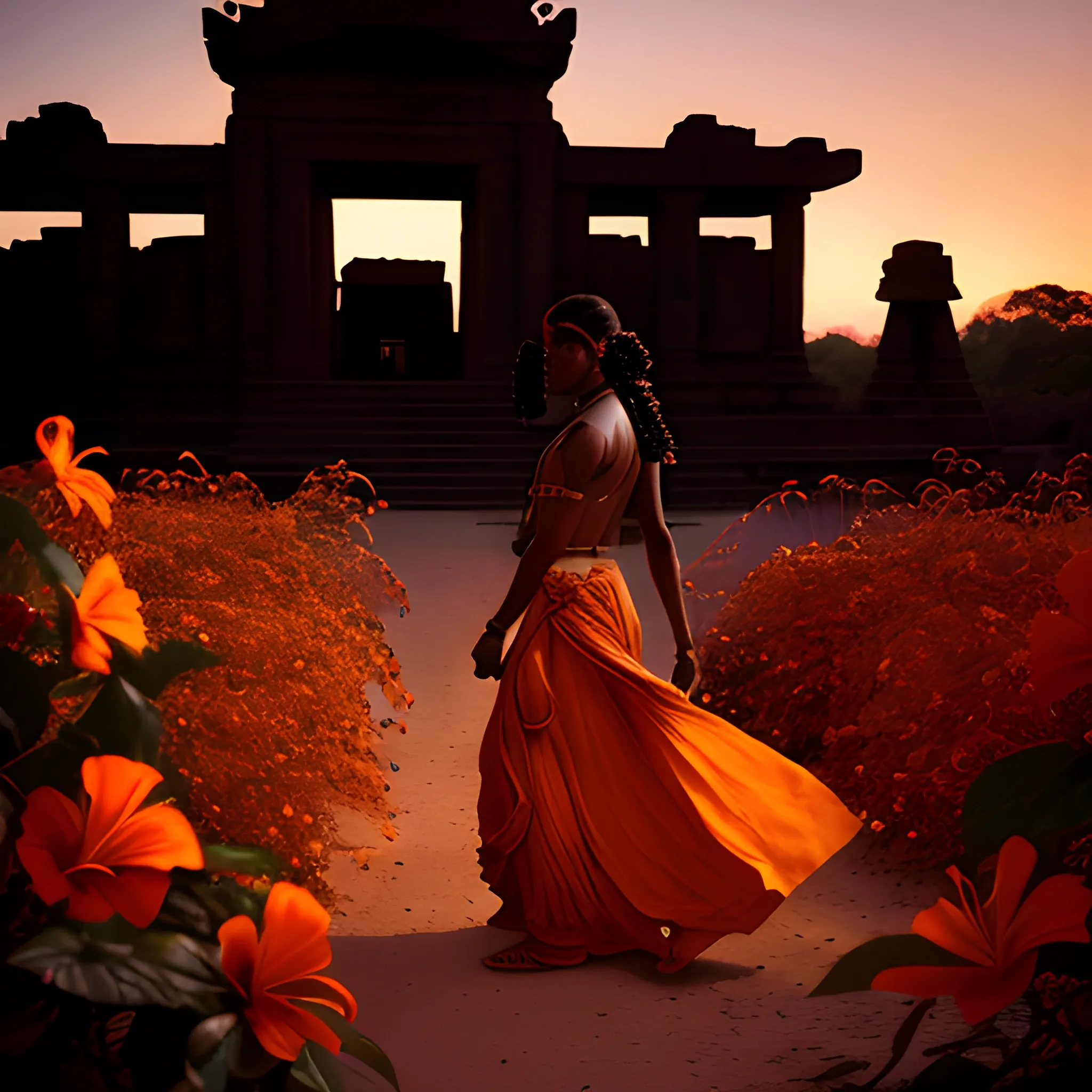 ARRI Alexa Mini; Zeiss Master wide lens; aperture set at f/2.8 for shallow depth of field & dusk lighting; silhouette of tall, dark-skinned Indian goddess walking; ancient temple backdrop; hibiscus flowers in foreground; natural golden-orange dusk light; reflectors for defined silhouette. ar 9:16