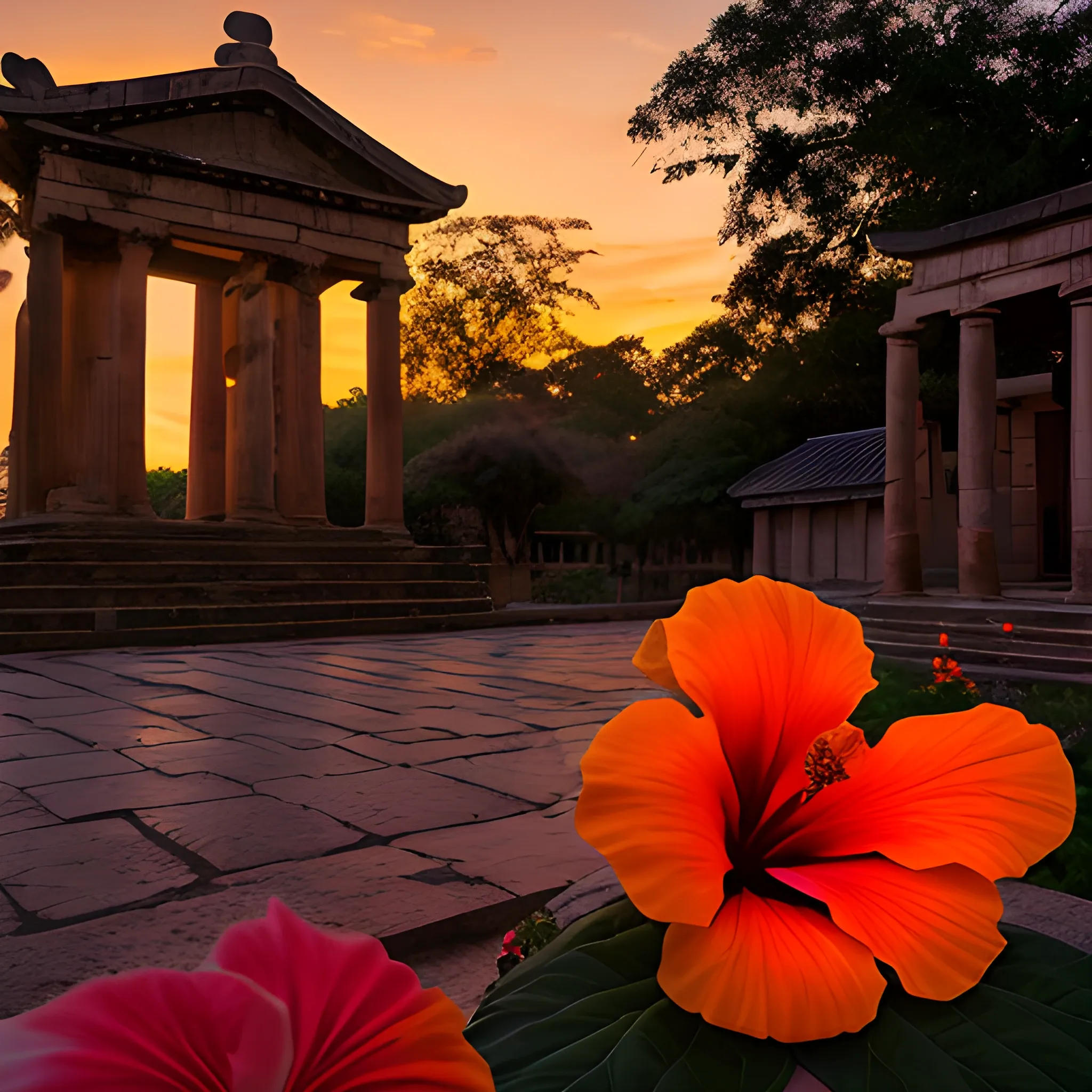 ARRI Alexa Mini; Zeiss Master Prime 21mm; aperture f/5.6; wide-angle; dusk light; goddess central, smaller in frame; ancient temple background; hibiscus foreground; natural golden-orange hue; reflectors for silhouette enhancement.