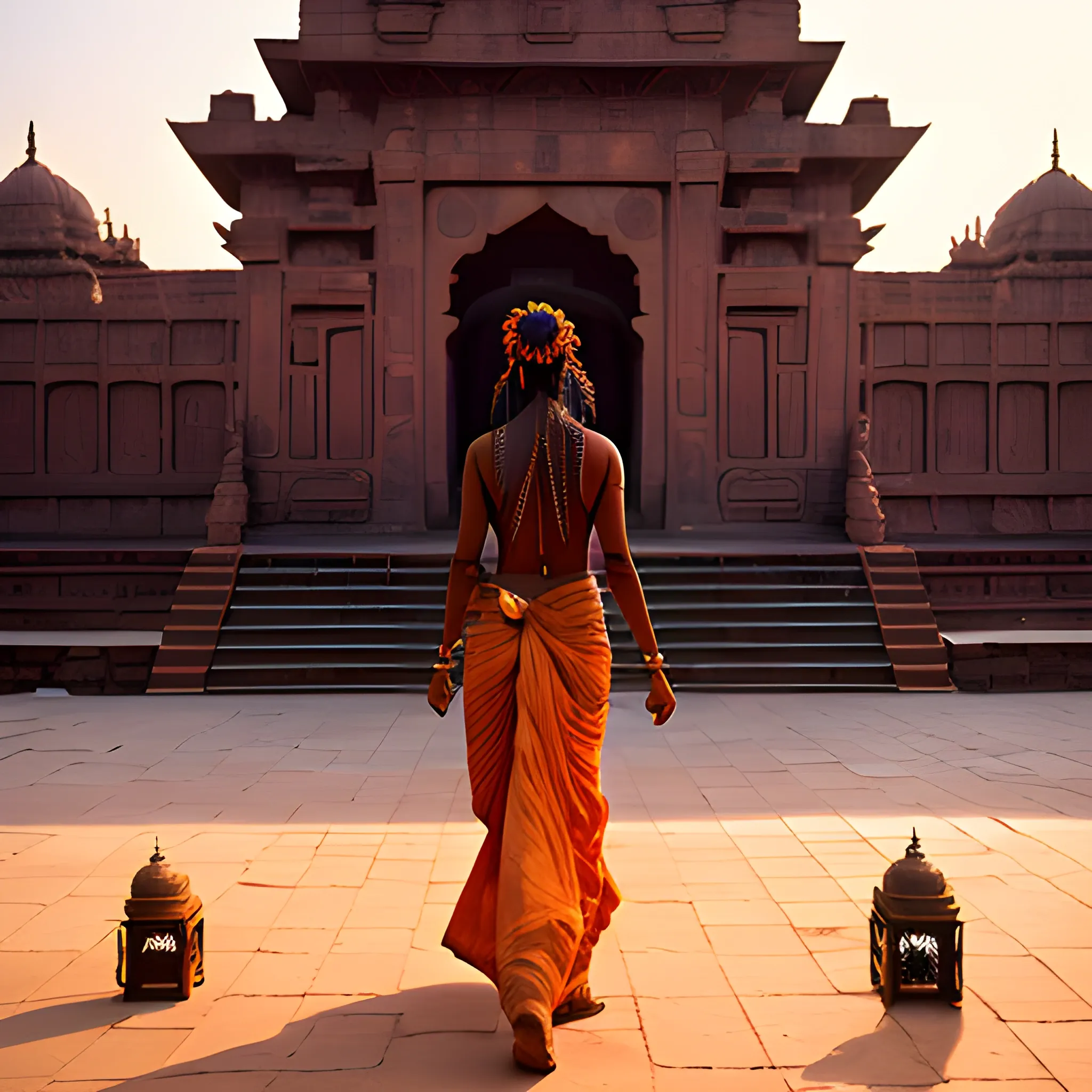 ARRI Alexa Mini; Zeiss Master Prime 21mm; aperture f/5.6; wide-angle; dusk light; dark skinned indian goddess walking in the centre; ancient india temple background; hibiscus flowers on the grounds of temple, we see the back of the goddess walking in; natural golden-orange hue; reflectors for silhouette enhancement.