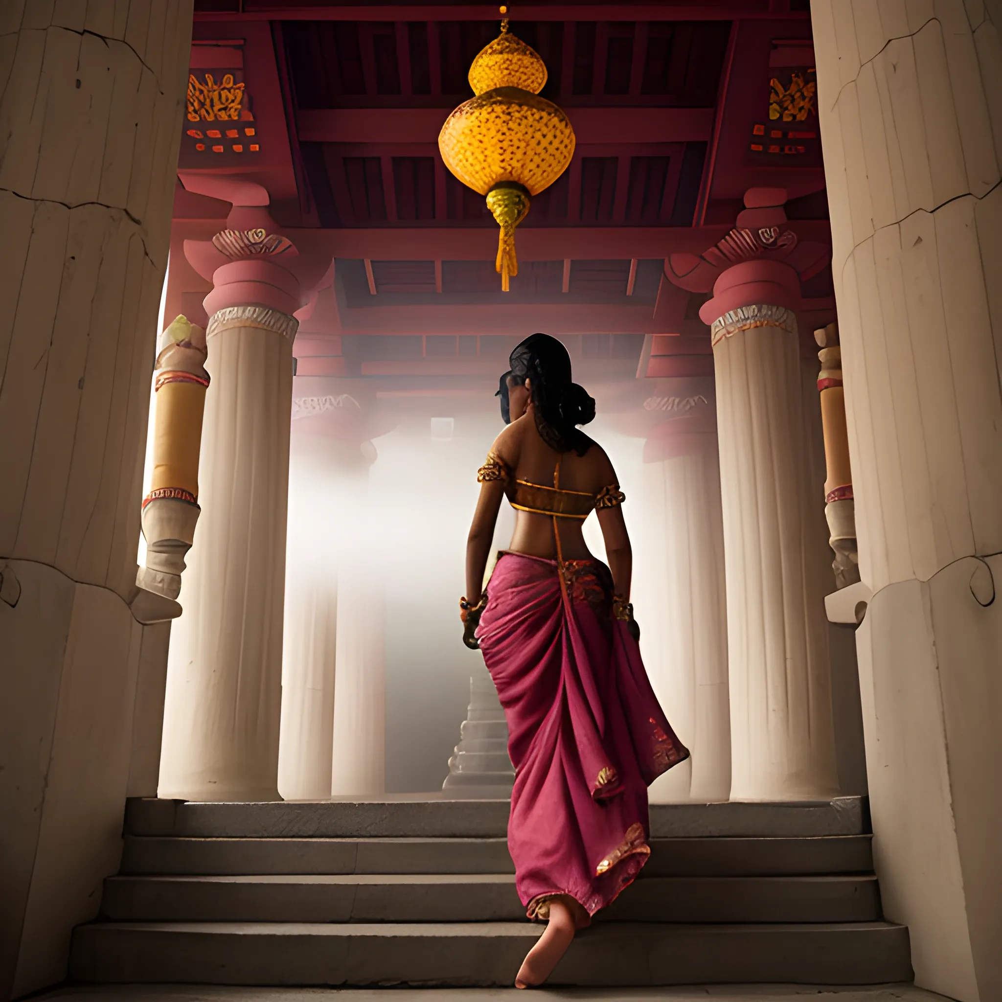 ARRI Alexa Mini; Canon EF 14mm f/2.8L II (or Sigma 14mm f/1.8); aperture around f/3.5 to balance depth and light; We see the back of a tall dark skinned Indian goddess wearing intricate jewellery as she holds the world in one hand standing on top of an ancient indian temple, hibiscus flower petals are strewn on the stairs to the temple, mist surrounds her and lanterns glow at the base of her feet