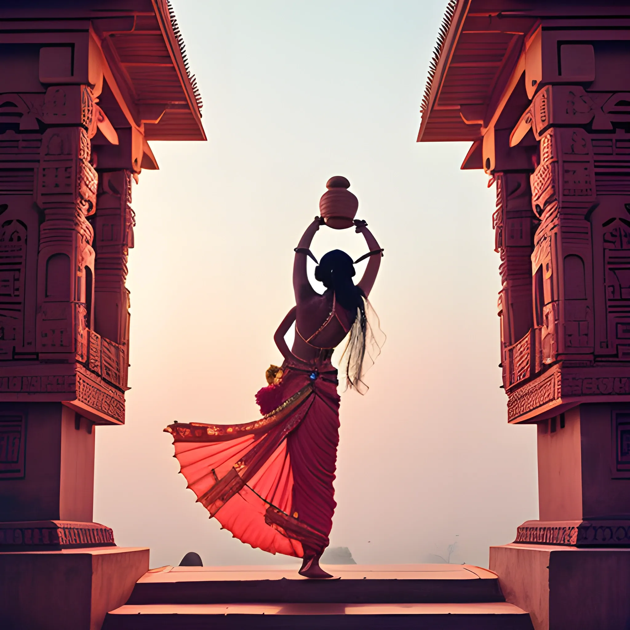  We see the back of a tall dark skinned Indian goddess wearing intricate jewellery as she holds the world in one hand standing on top of an ancient indian temple, hibiscus flower petals are strewn on the stairs to the temple, mist surrounds her and lanterns glow at the base of her feet, sun in setting in the distance, the light is twilight