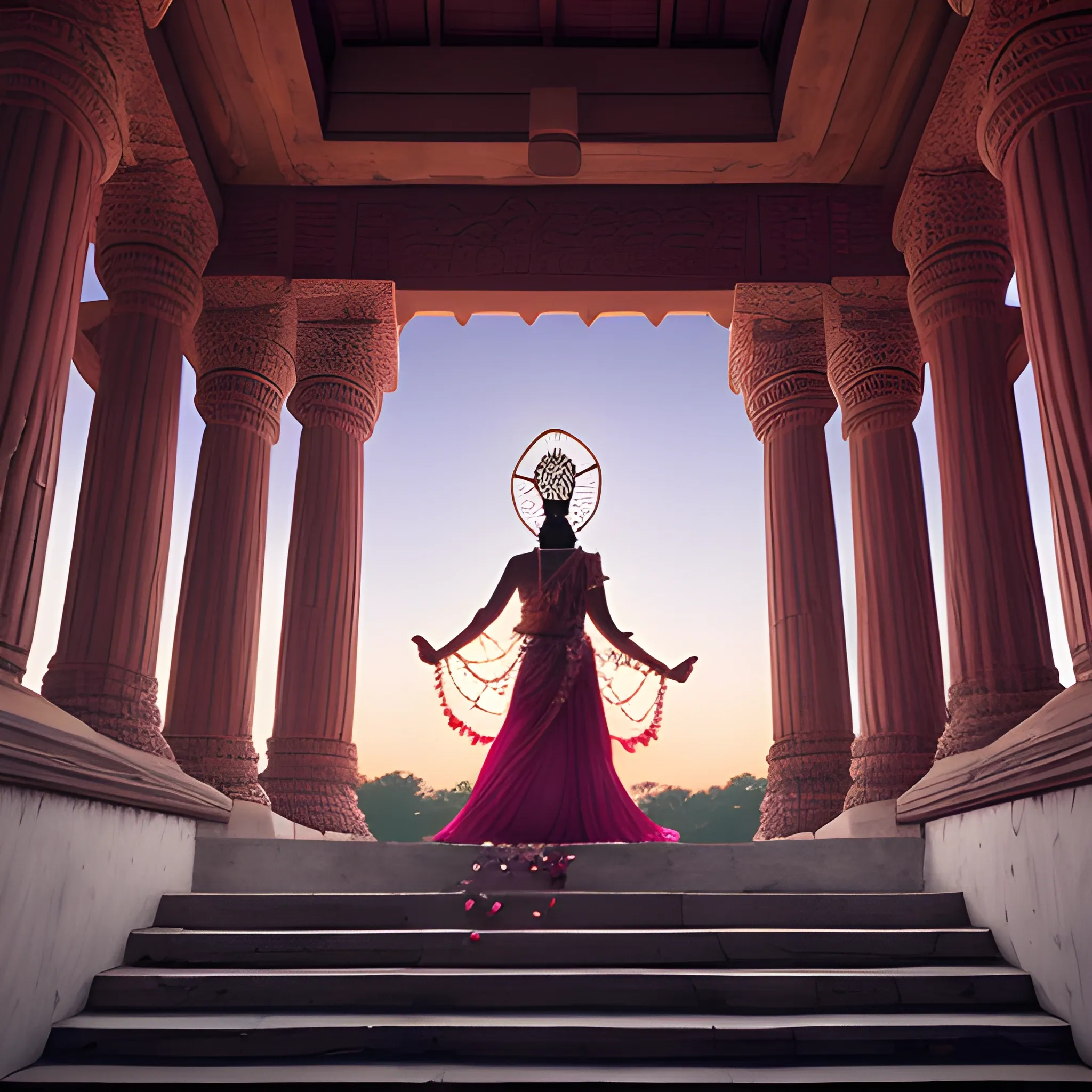  wide angle shot, dark mist, We see the back of a tall dark skinned Indian goddess wearing intricate jewellery as she holds the world in one hand standing on top of an ancient indian temple, hibiscus flower petals are strewn on the stairs to the temple, mist surrounds her and lanterns glow at the base of her feet, sun in setting in the distance, the light is twilight, photorealistic