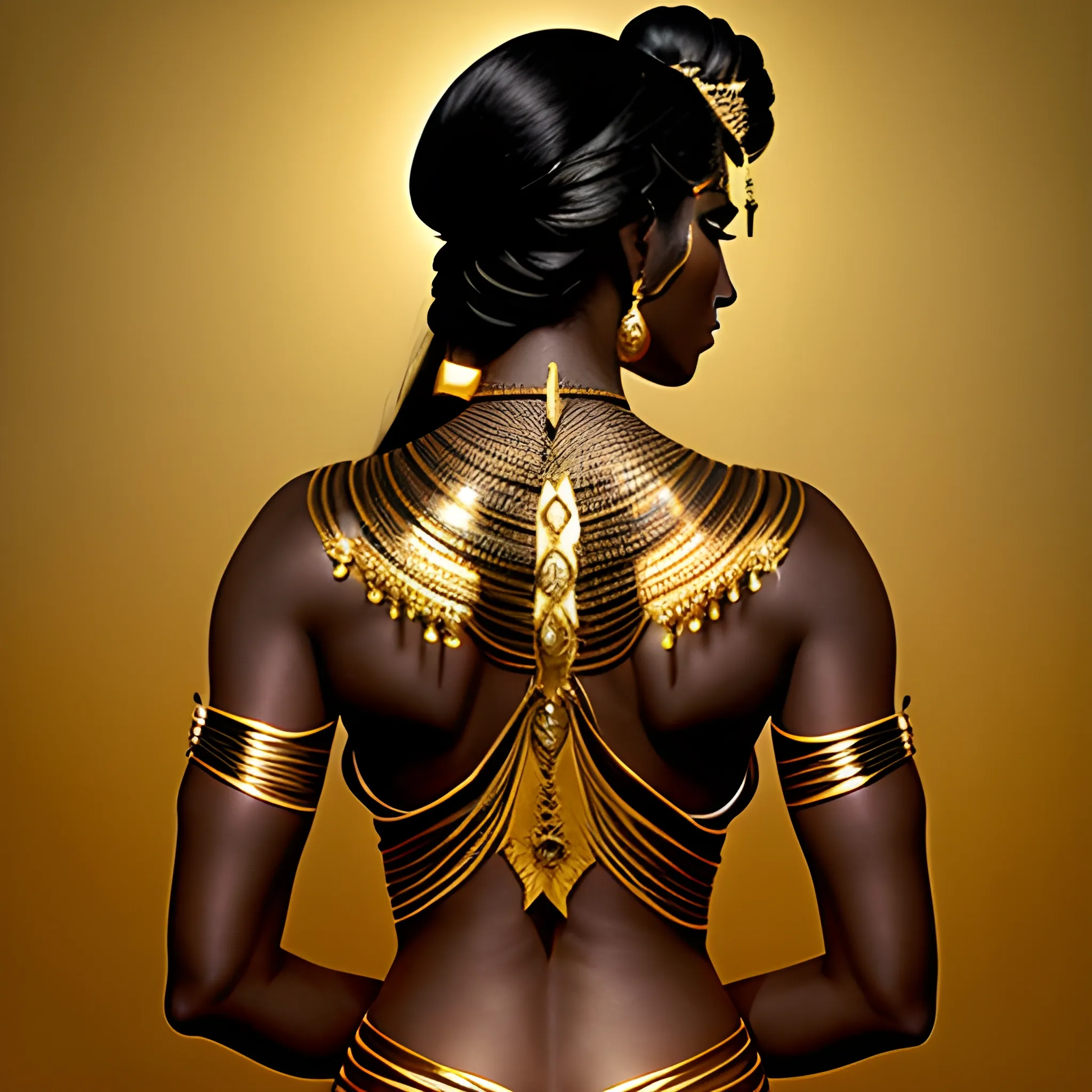 Drawing back, the camera showcases Kali's awe-inspiring silhouette. Her striking dark skinned tall form, long dark hair, small of her back, adorned with radiant gold accessories, rises from the mist, blending strength and grace. Her traditional weapon, embellished with the purest of gold, gleams even in the dim light, a beacon in the encroaching fog.