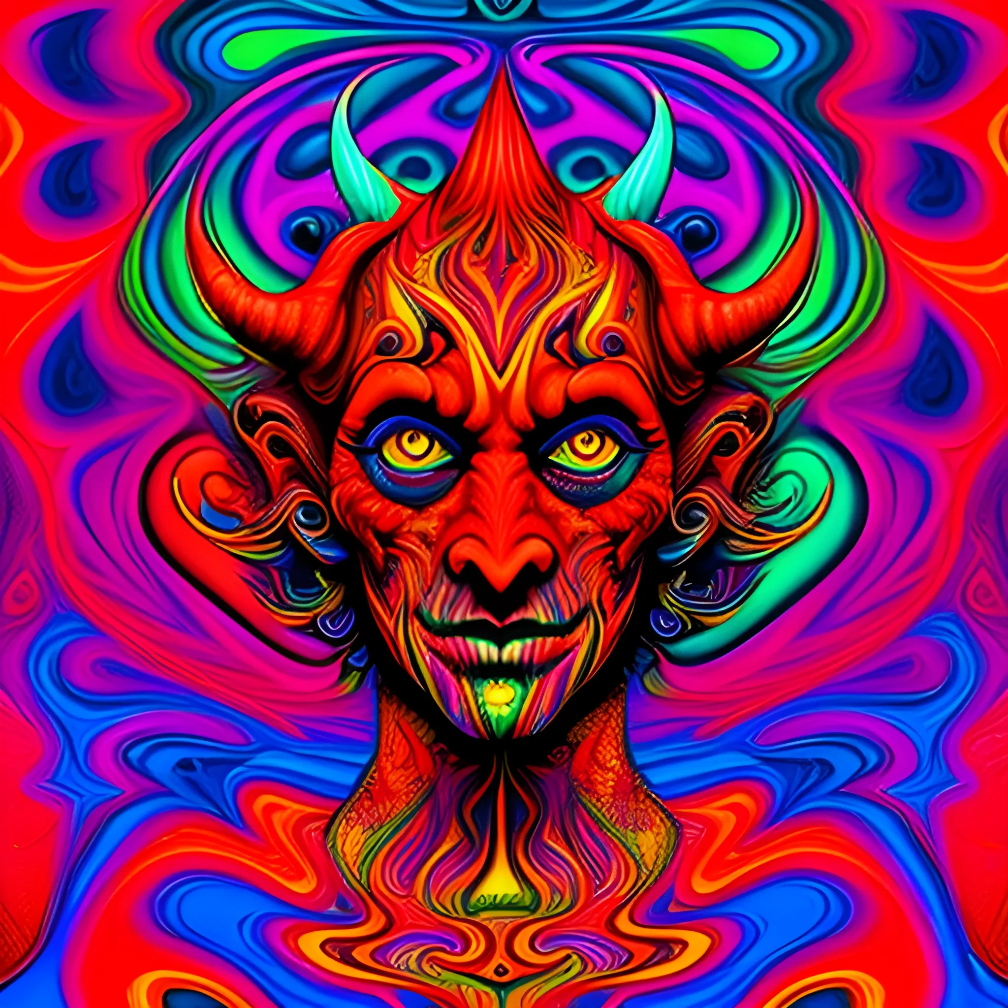 Psychedelic art of the Red Devil, vibrant psychedelic colors, very high detail, 8K