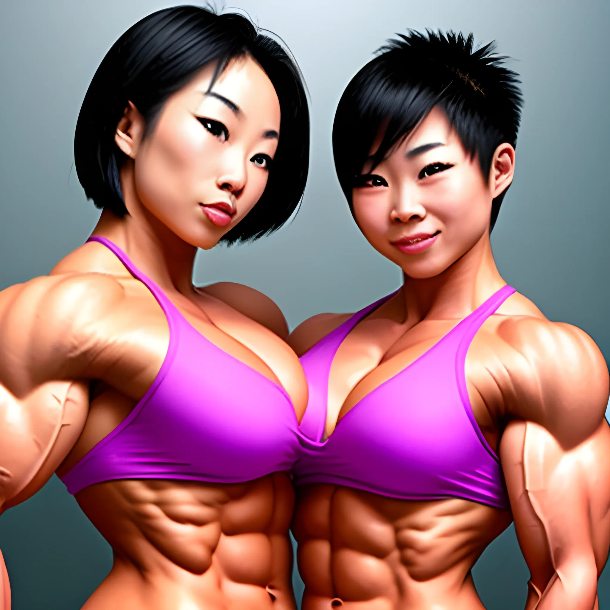 Two sexy Asian female bodybuilders kissing. They have short hair, large breasts, and wide, muscular bodies. , Cartoon