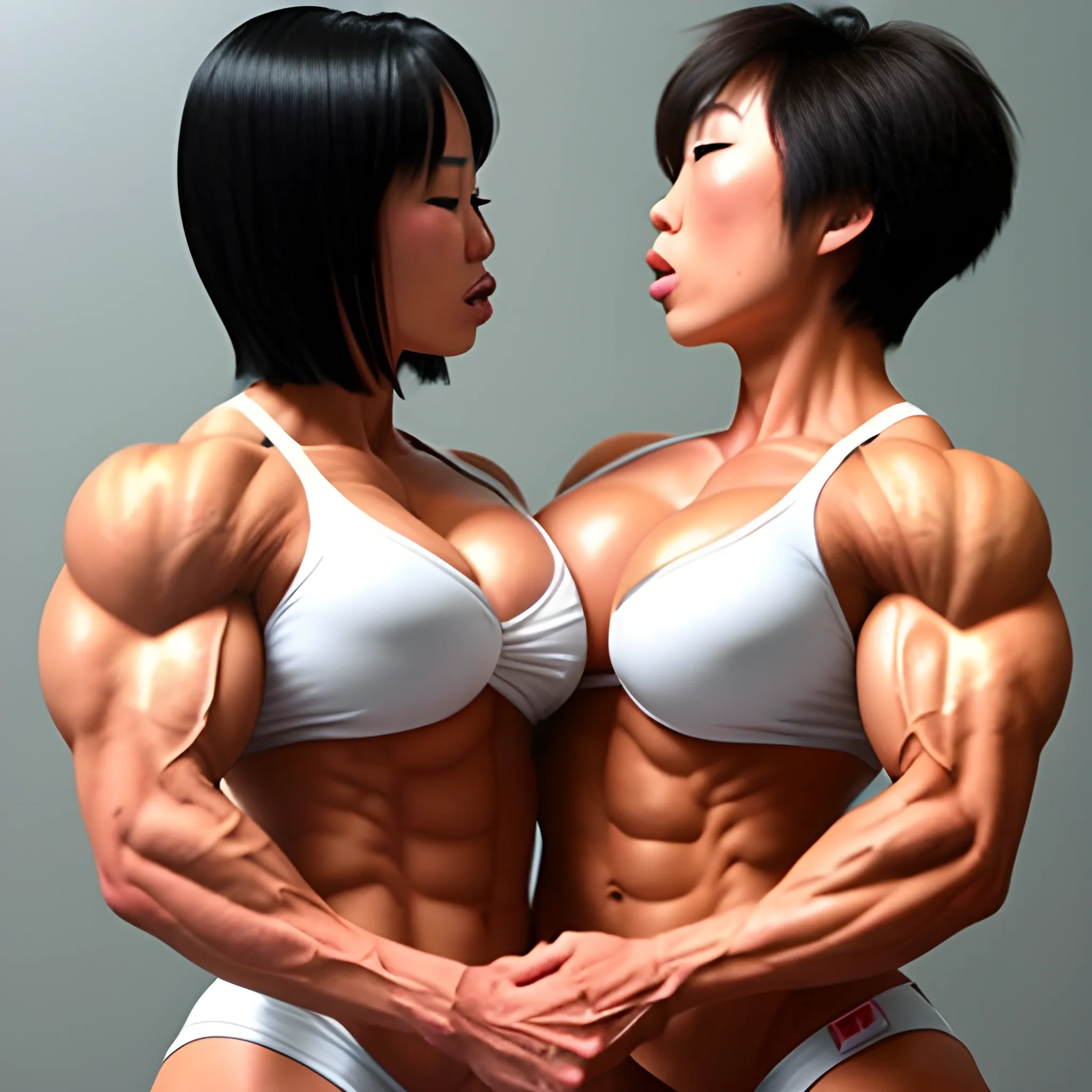 Two sexy Asian female bodybuilders kissing