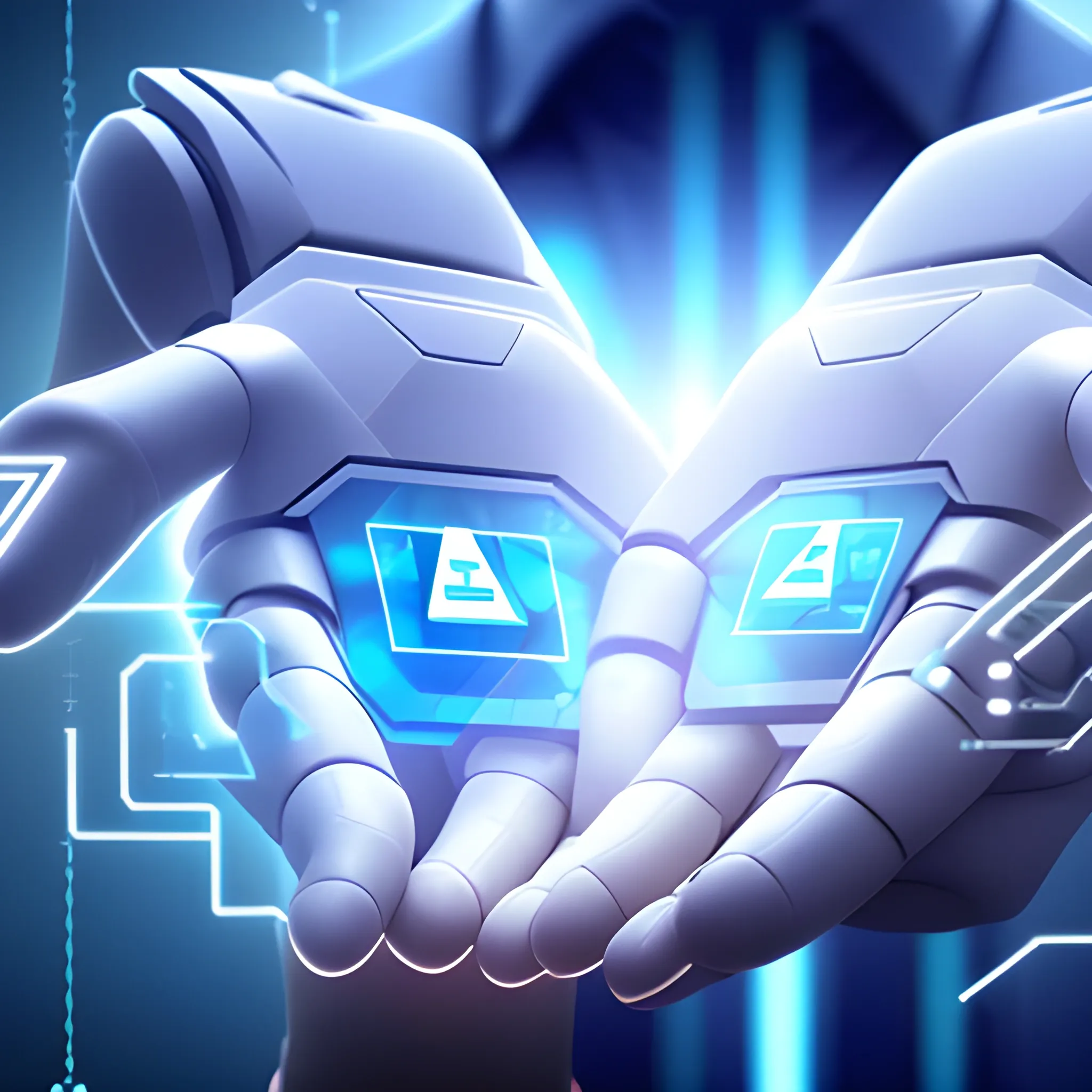 Human hand with AI hand to fight financial crimes, 3D