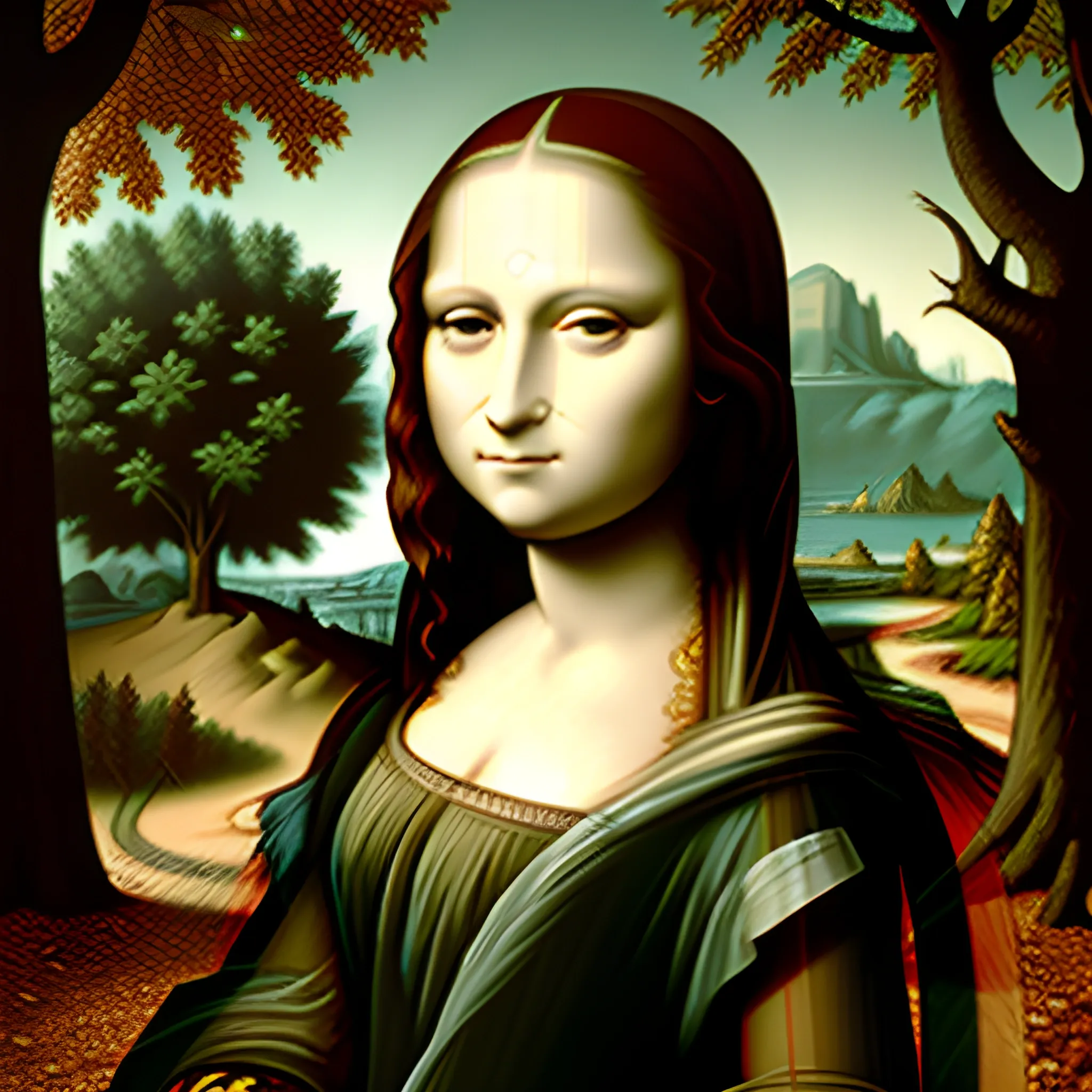 monalisa with trees, leaves, branches, realistic, portrait