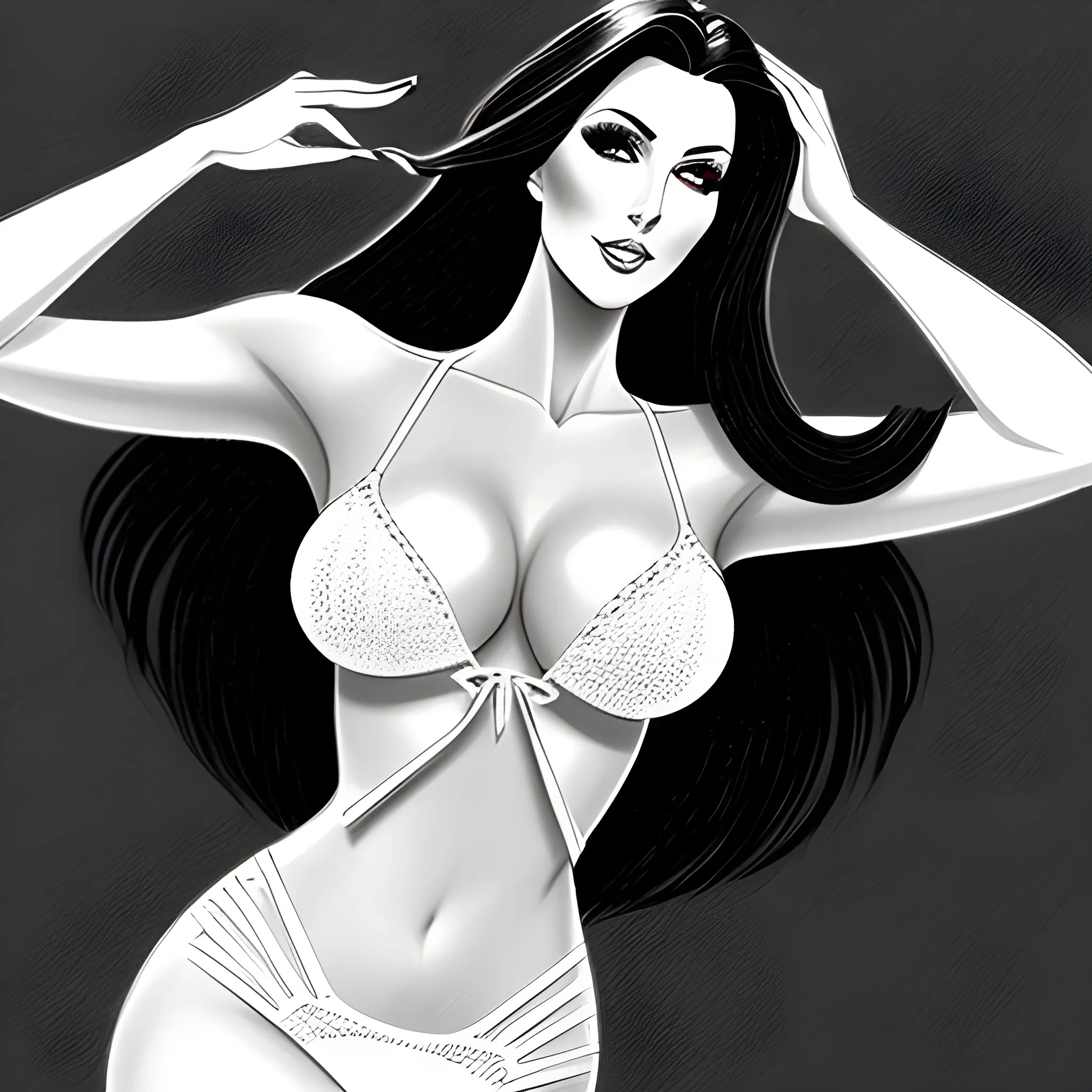 Beautiful girl in dynamic pose, dark straight hair with side comb, luxurious makeup, luxurious knitwear, luxurious diamonds,, white  lingerie, , Pencil Sketch