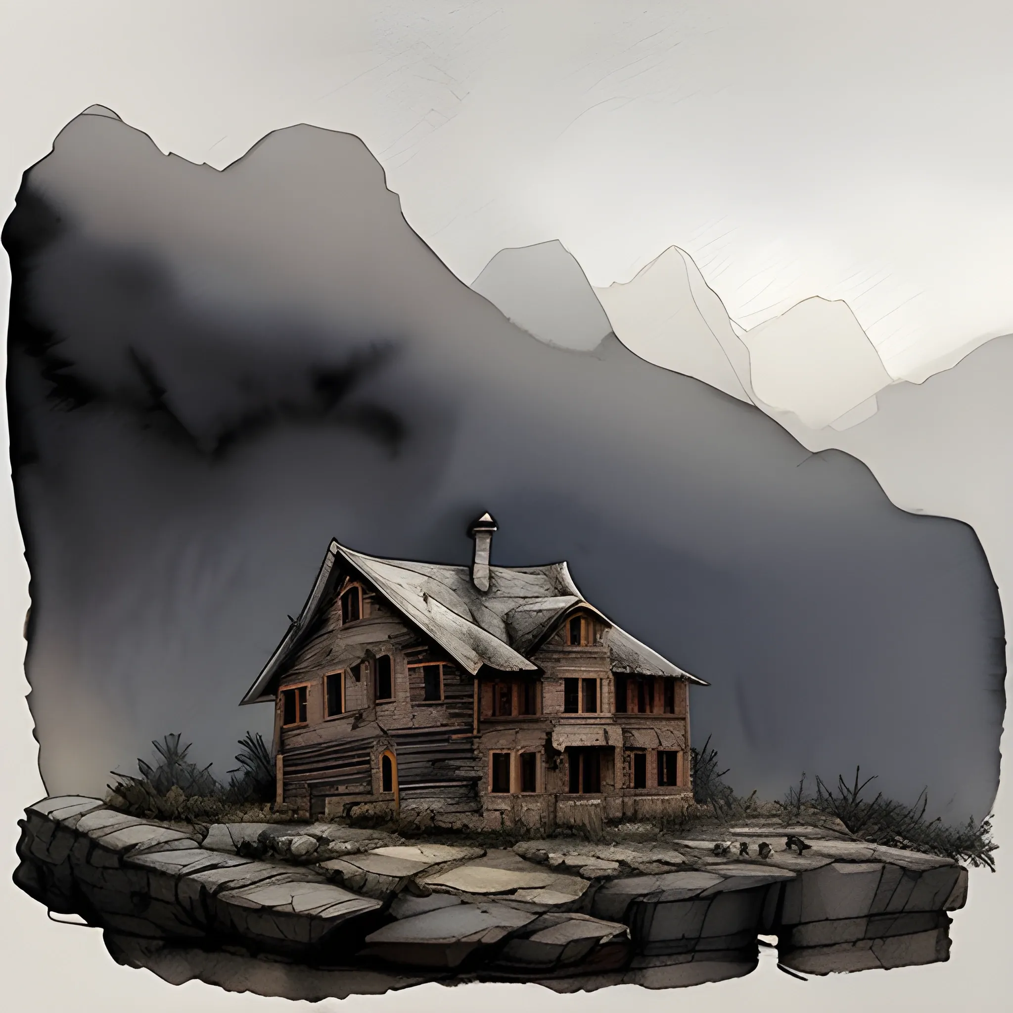 imagine a burnt wooden house in a rocky landscape, painted using watercolour and ink, sombre palette, fine pen lines, the mood is haunting, the lighting is atmospheric volumetric, artistic composition