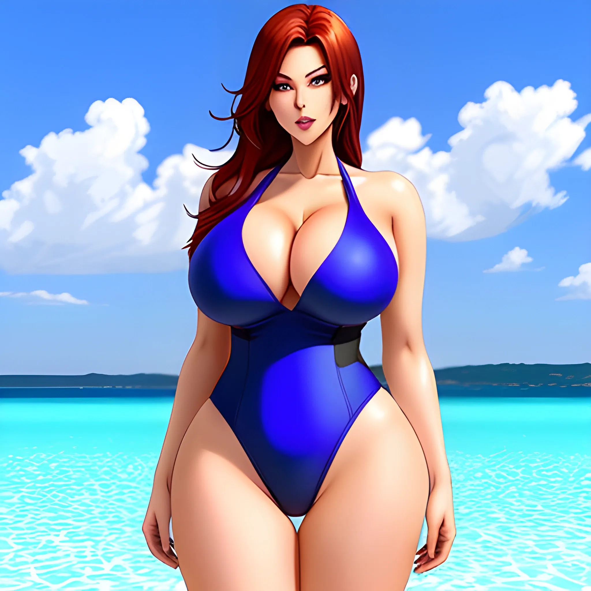 1girl, foxgirl, anime, huge breasts, swimsuit 