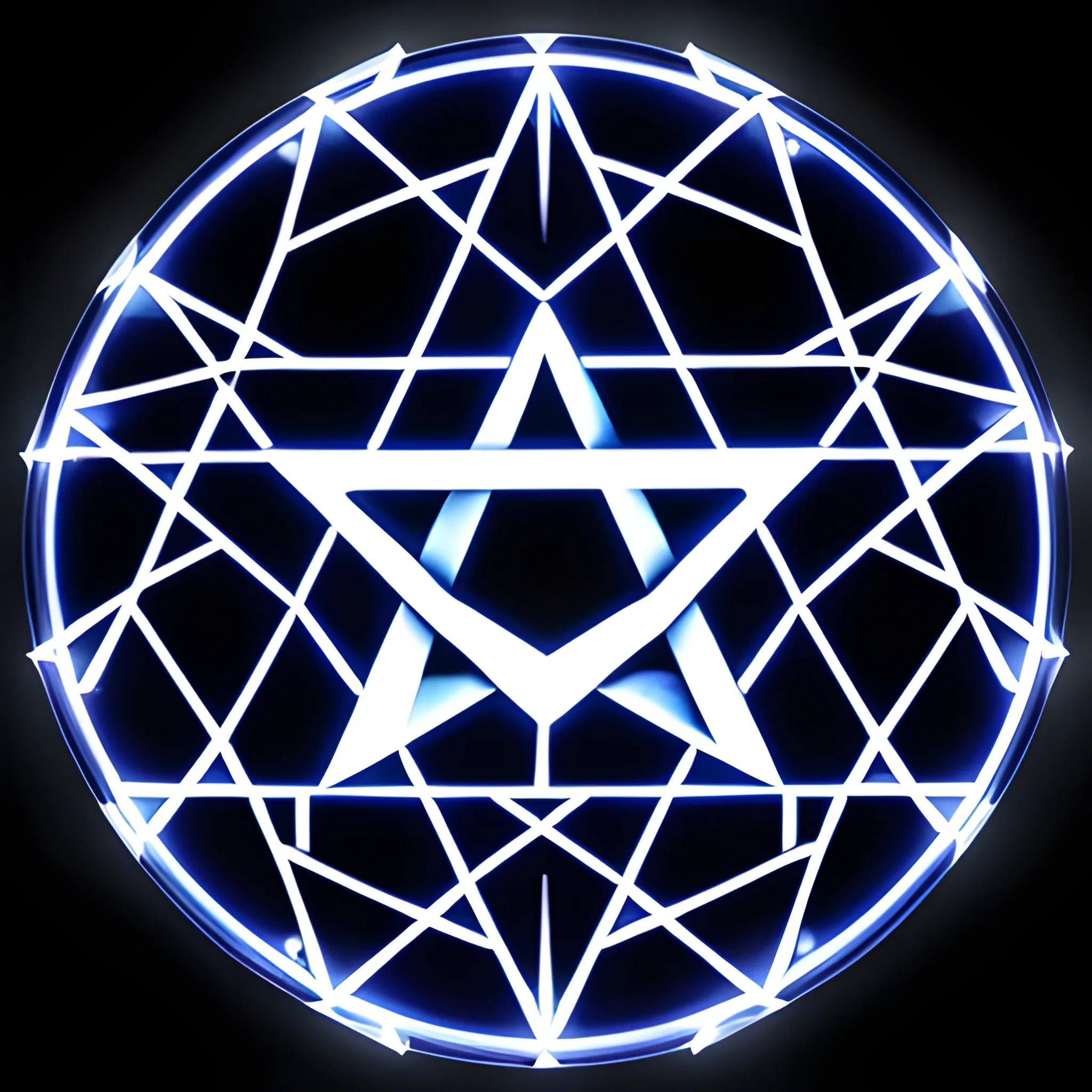 a middle small 3d unicursal hexagram shape with black background, slightly dark blue color with glassy light effect on the surface