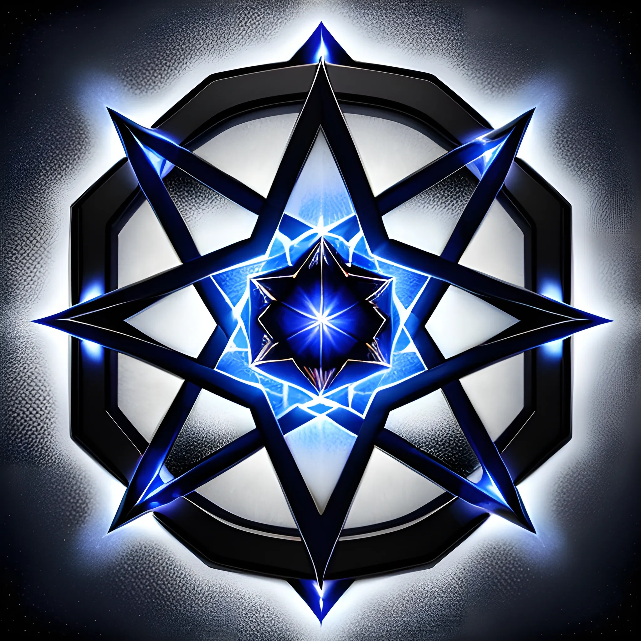 a middle small 3d unicursal hexagram star shape with black background, slightly dark blue color with glassy light effect on the surface