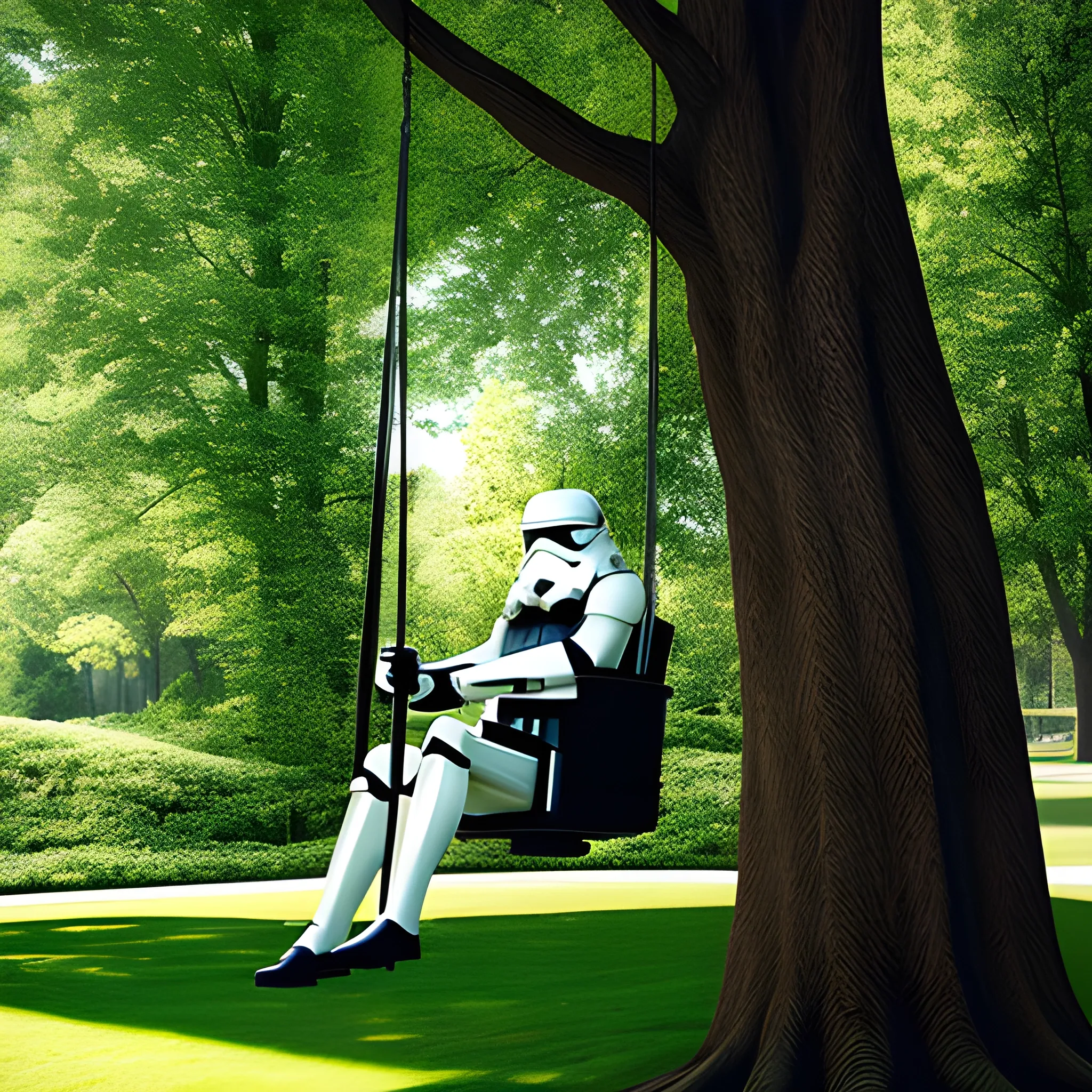 stormtrooper enjoys a swing in a child’s playground from Star Wars movie side view