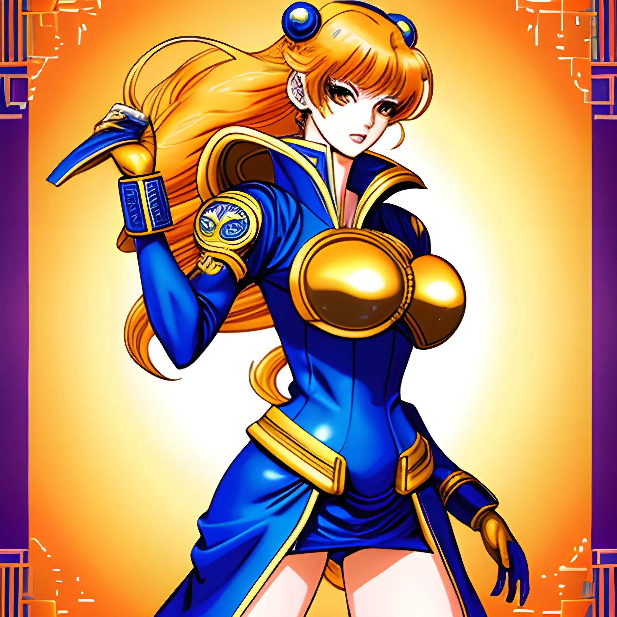 a woman in a blue and gold outfit, a character portrait by Masamune Shirow, featured on pixiv, neogeo, style of masamune shirow, as a retro futuristic heroine, the sailor galaxia. beautiful