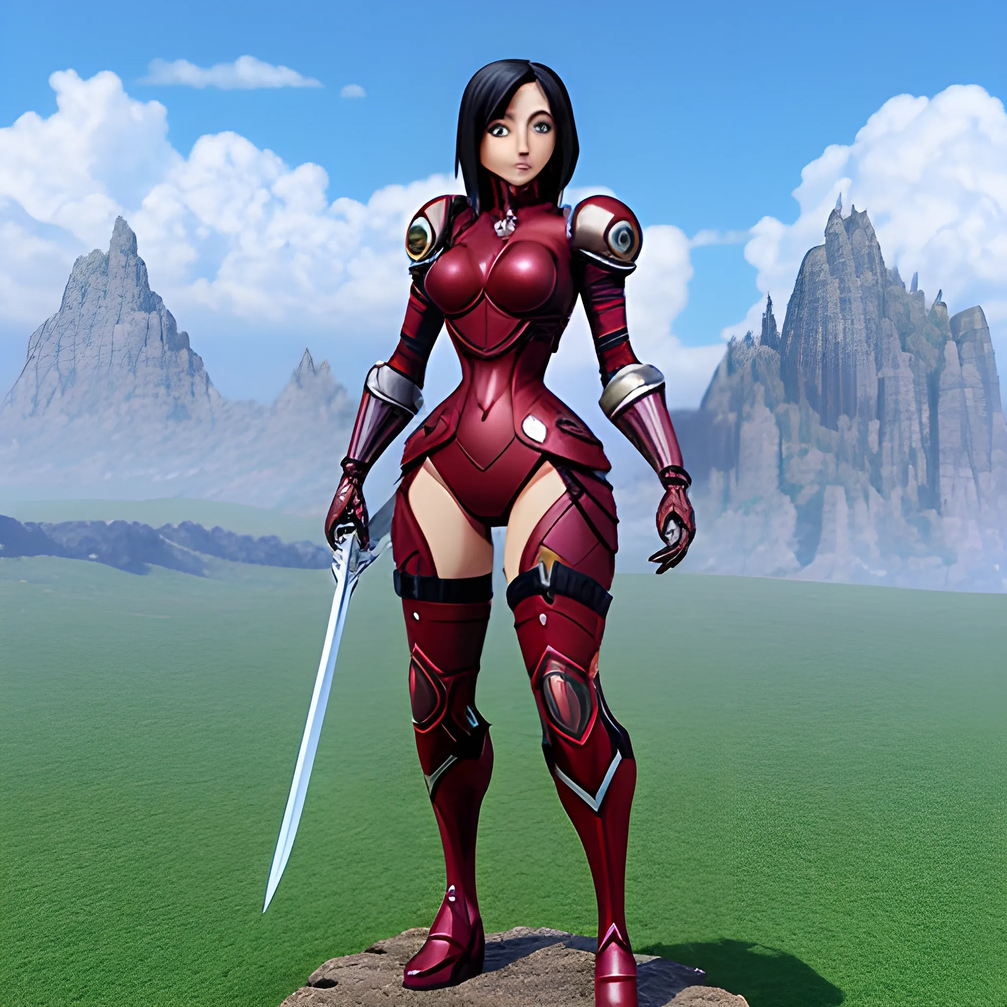 Create a picture of a manga girl in the style of the film Alita. Place her in a fantasy landscape with sword and shield, 3D