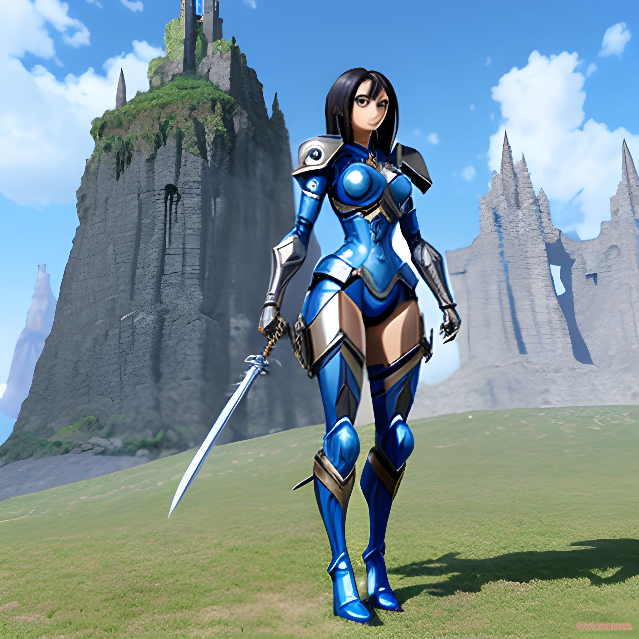 Create a picture of a manga girl in the style of the film Alita. Place her in a fantasy landscape, with sword and shield, and armour in blue, 3D