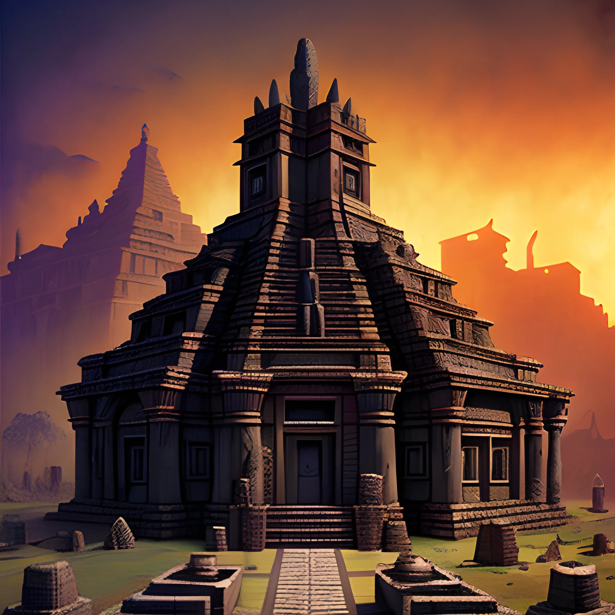 Aztec temple concept art in 8k by david mattingly and samuel araya and michael whelan and dave mckean and richard corben. Realistic matte painting with photorealistic hdr volumetric lighting. composition and design inspired by gregory crewdson.