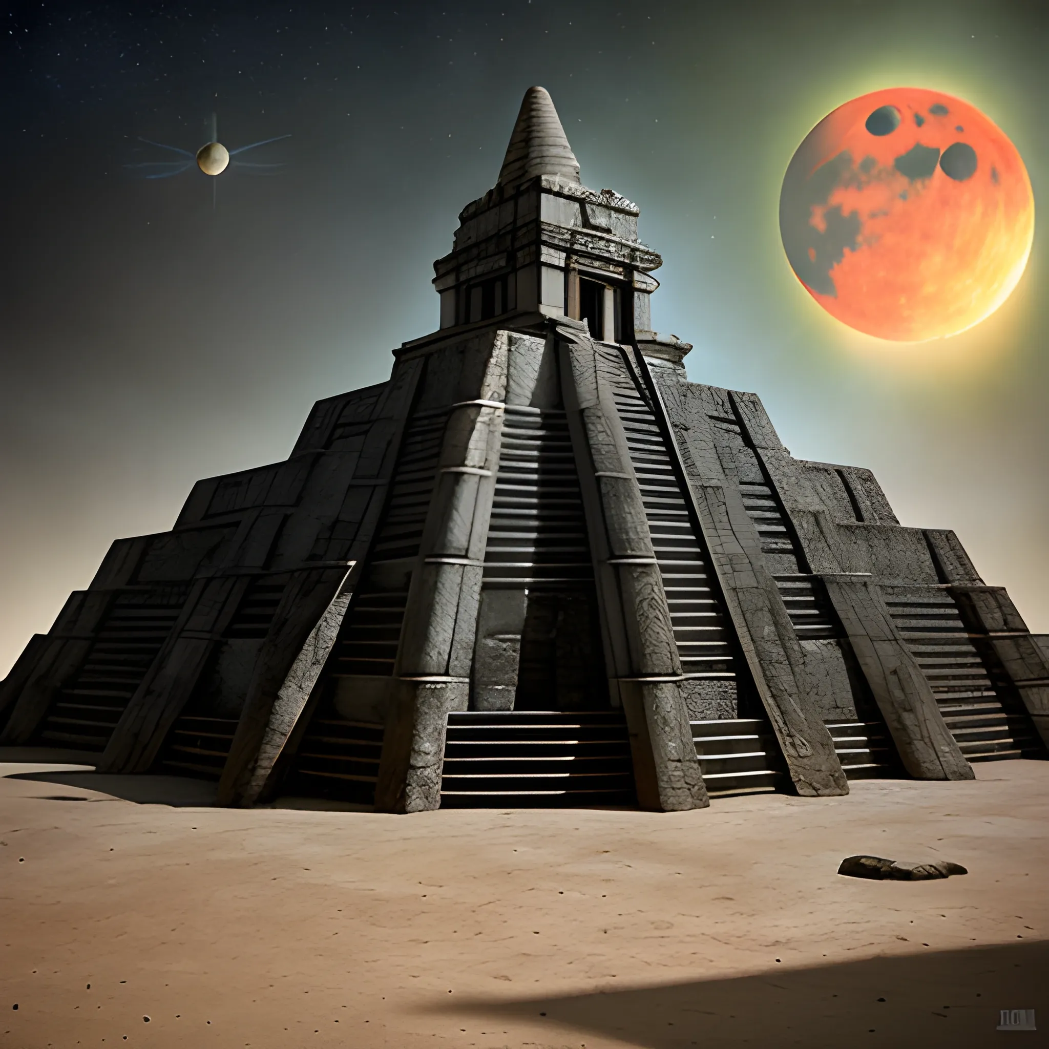 8k concept art of an aztec temple hidden on the dark side of the moon by david mattingly and samuel araya and michael whelan and dave mckean and richard corben. Realistic matte painting with photorealistic hdr volumetric lighting. composition and design inspired by gregory crewdson., 3D, 3D