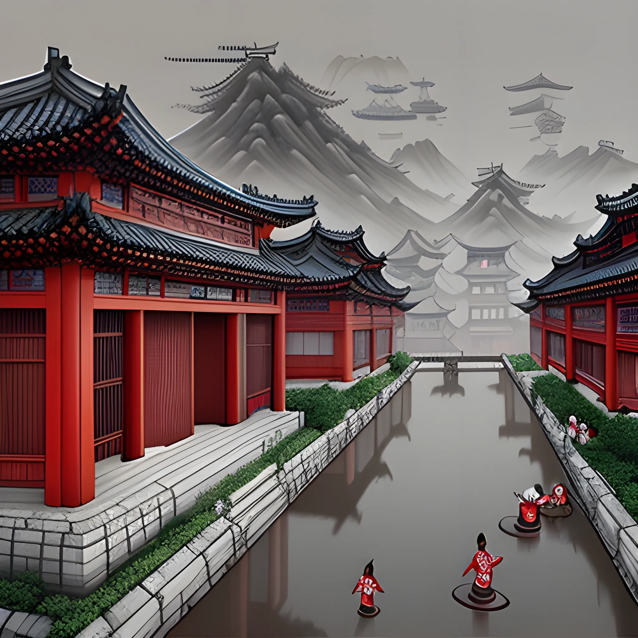 Ming dynasty urban style, Jinyiwei, classical realism, surreal animation, cityscape, mysticism, gray tones and red, Cartoon