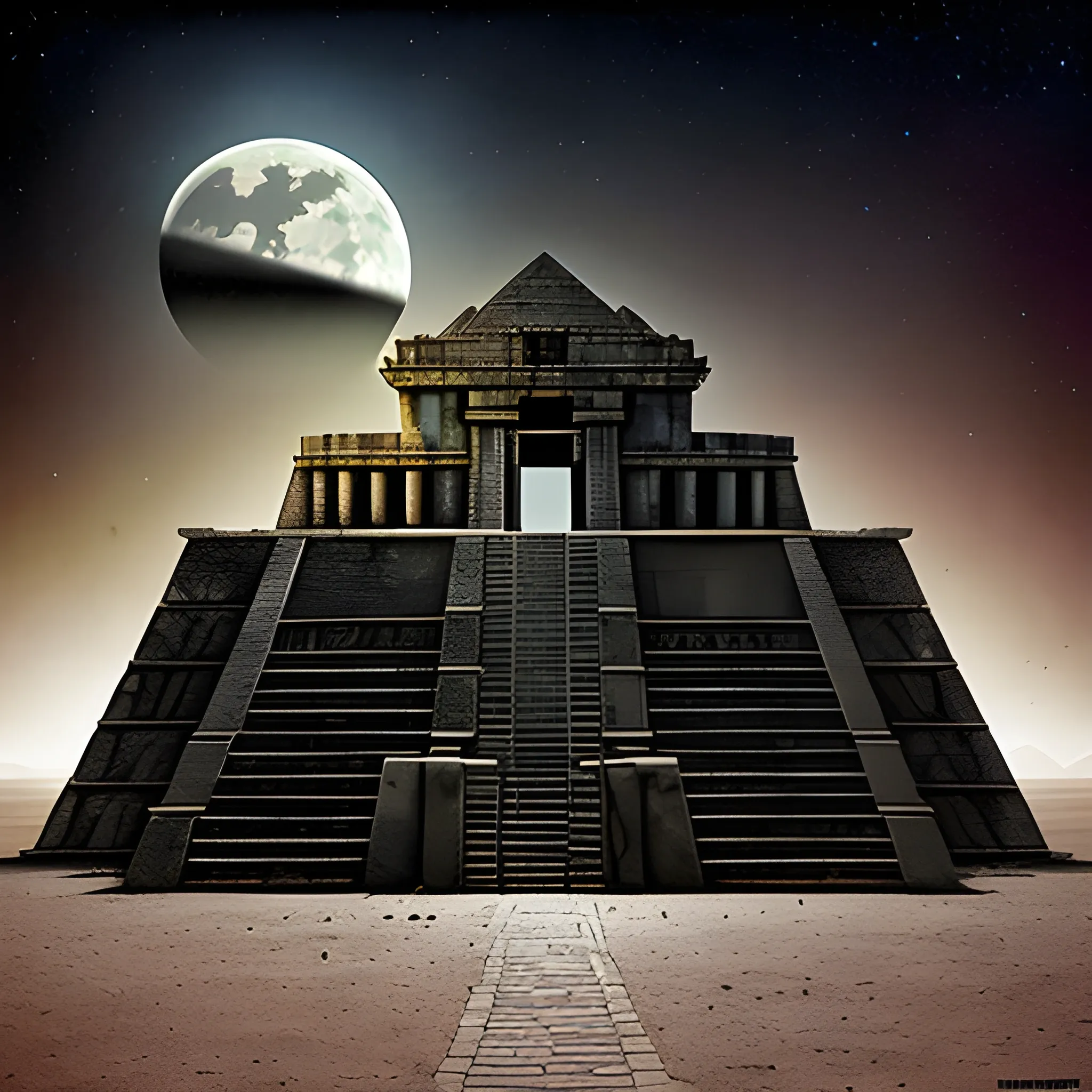 8k concept art of an aztec temple hidden on the dark side of the moon by david mattingly and samuel araya and michael whelan and dave mckean and richard corben. Realistic matte painting with photorealistic hdr volumetric lighting. composition and design inspired by gregory crewdson.,  , Trippy