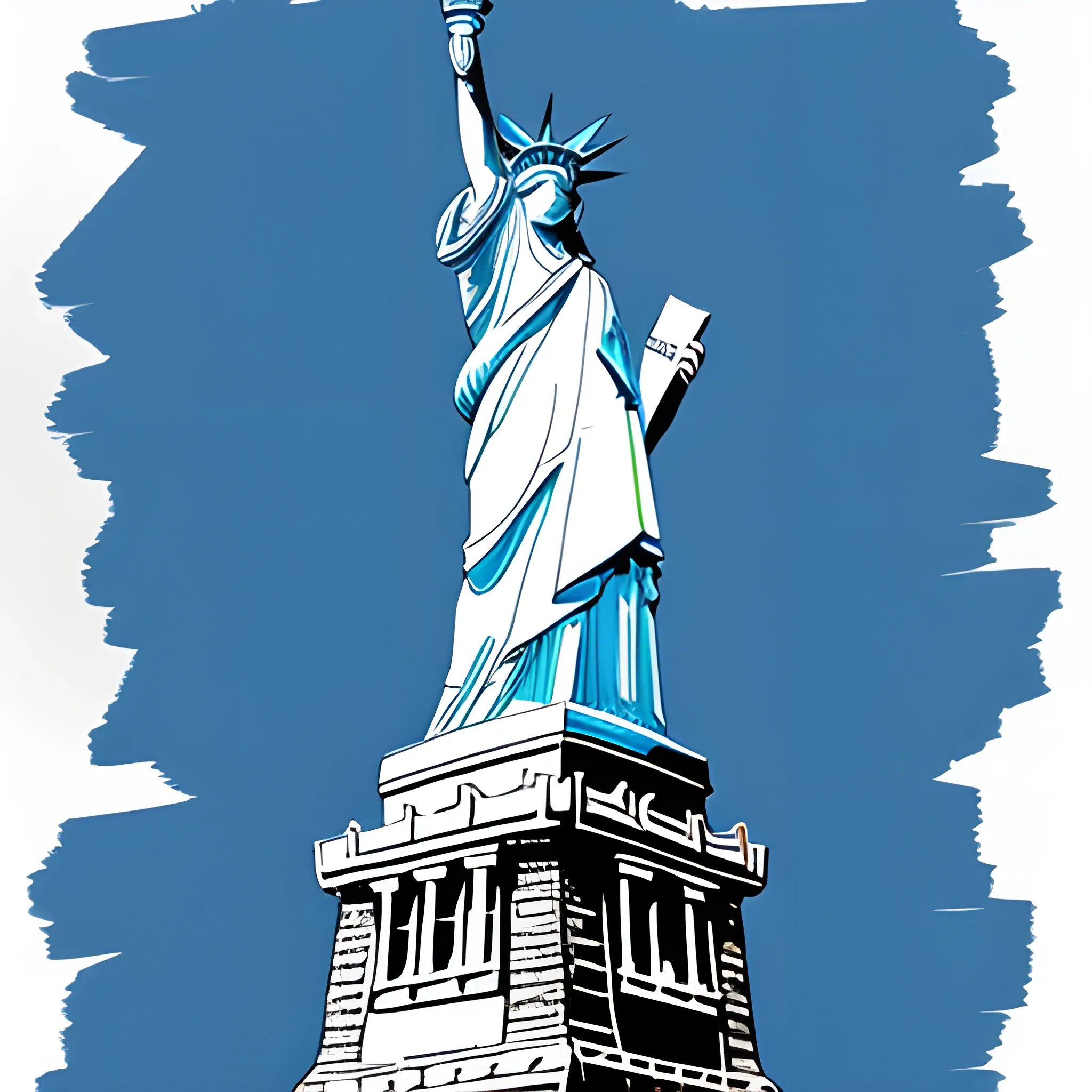 American architecture,Stroke style,blue,freehand sketching,The main body is the Statue of Liberty
