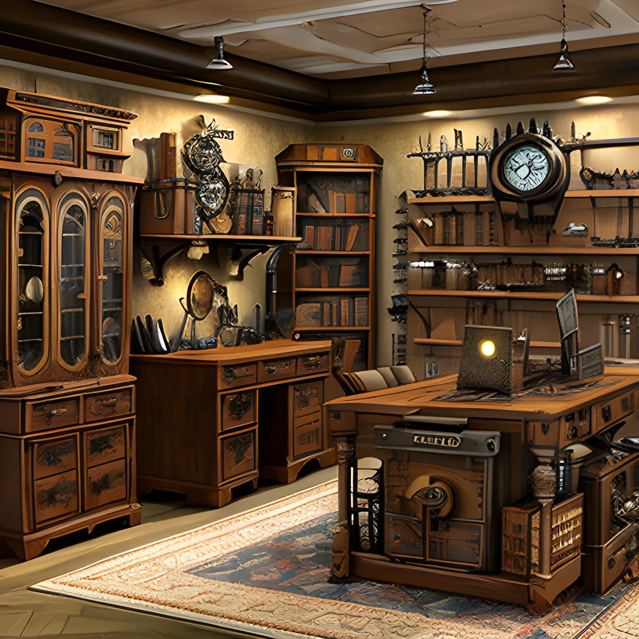 small steampunk workroom with moving parts
